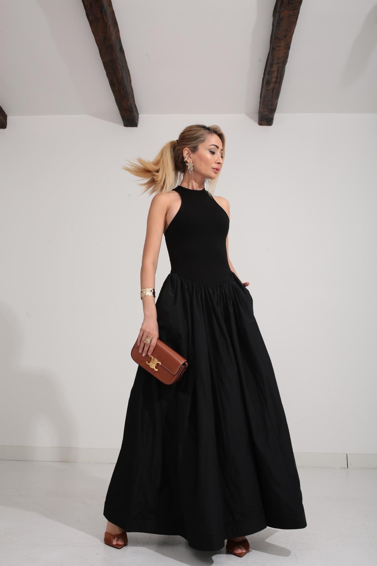 Penye Detay Eteği Tafta  Siyah Elbise ELBİSE