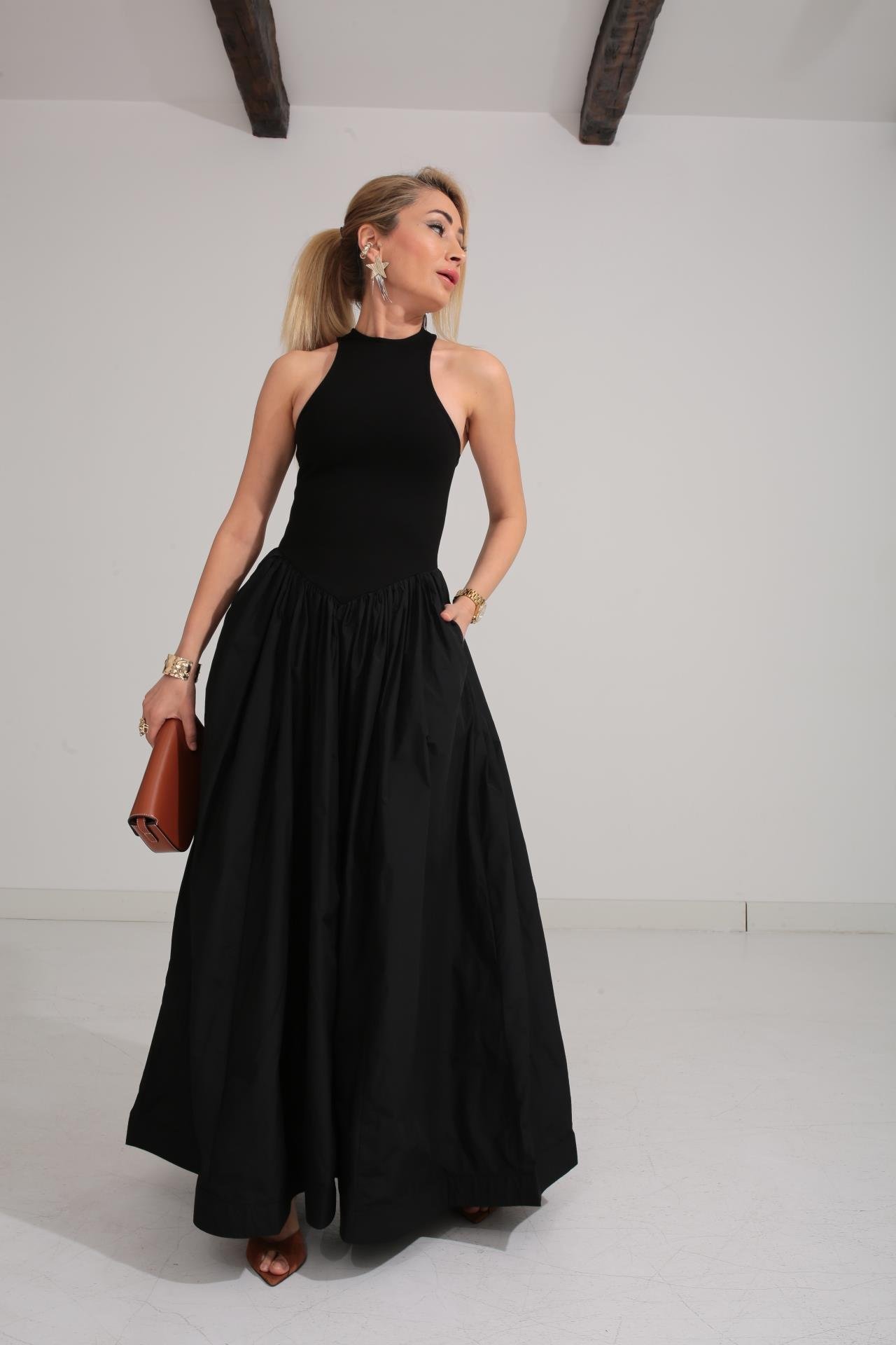 Penye Detay Eteği Tafta  Siyah Elbise ELBİSE