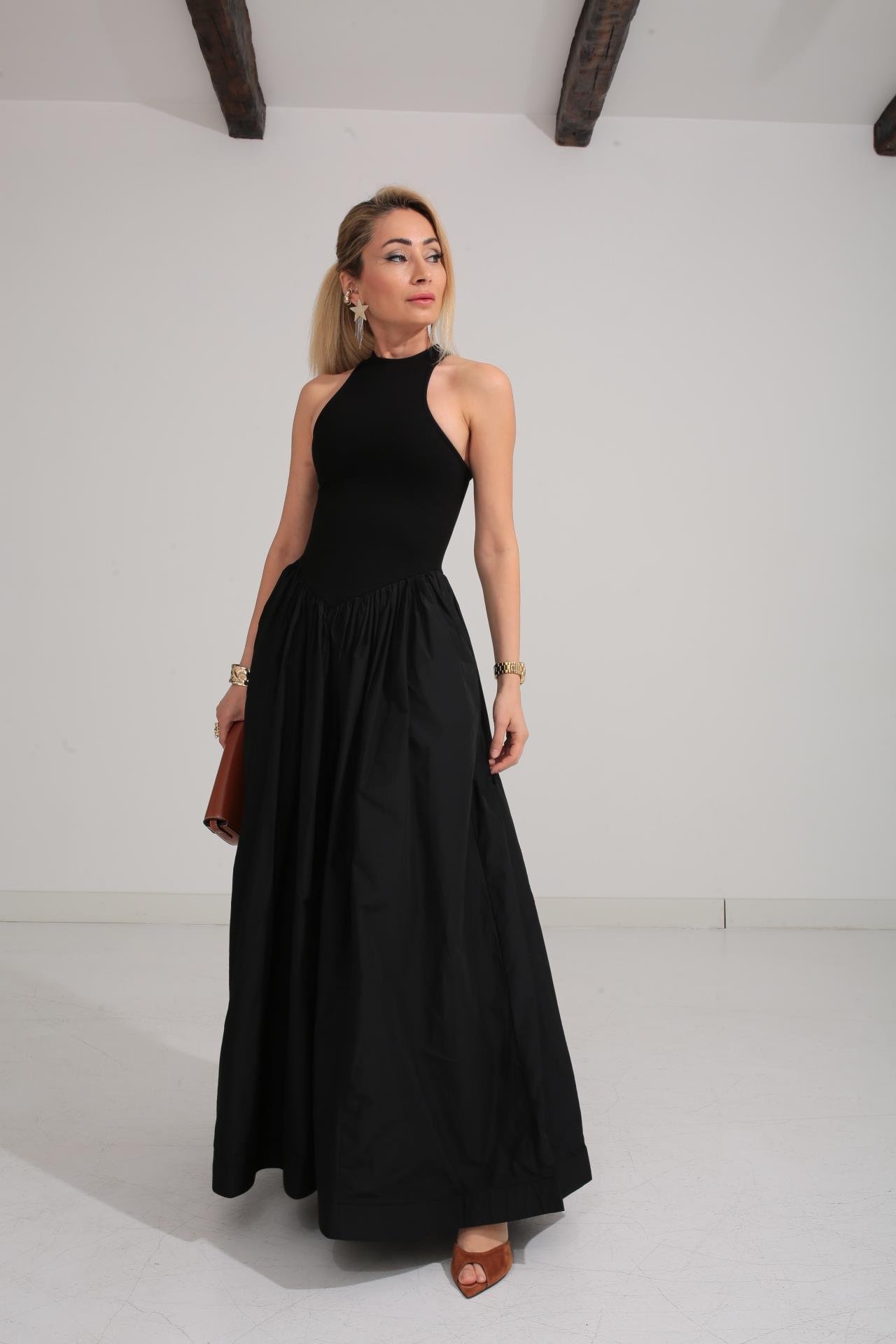 Penye Detay Eteği Tafta  Siyah Elbise ELBİSE