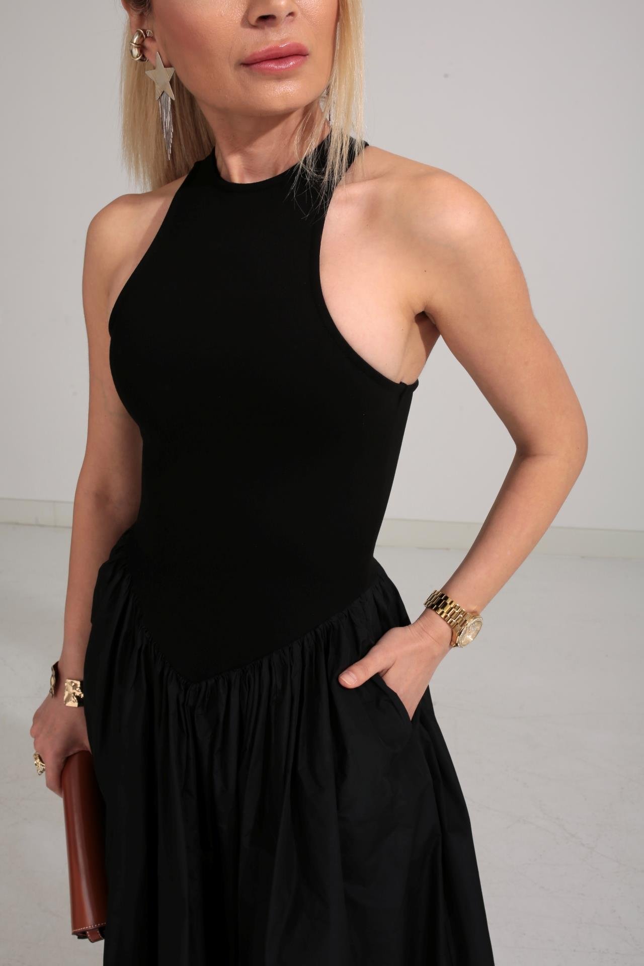 Penye Detay Eteği Tafta  Siyah Elbise ELBİSE