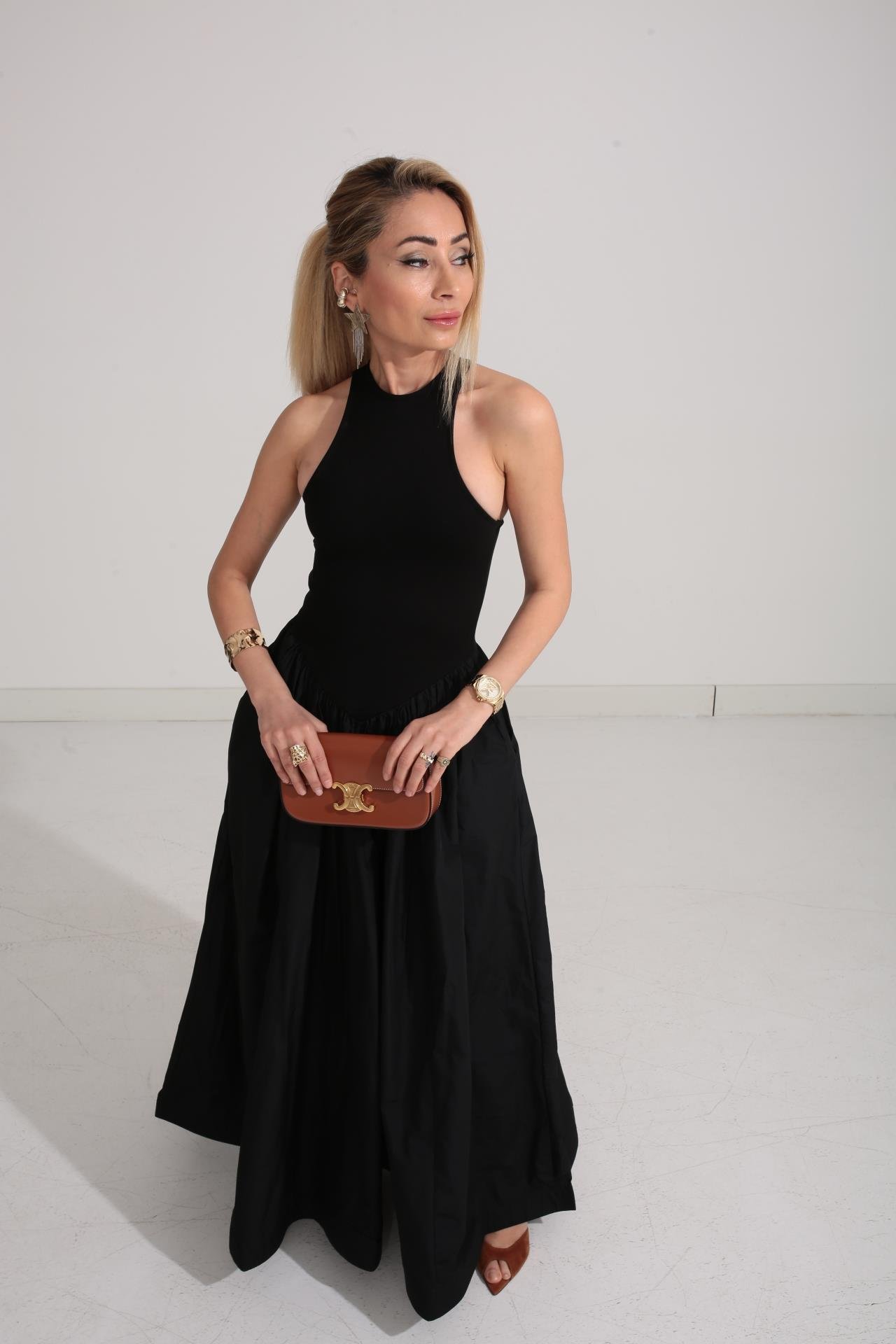 Penye Detay Eteği Tafta  Siyah Elbise ELBİSE