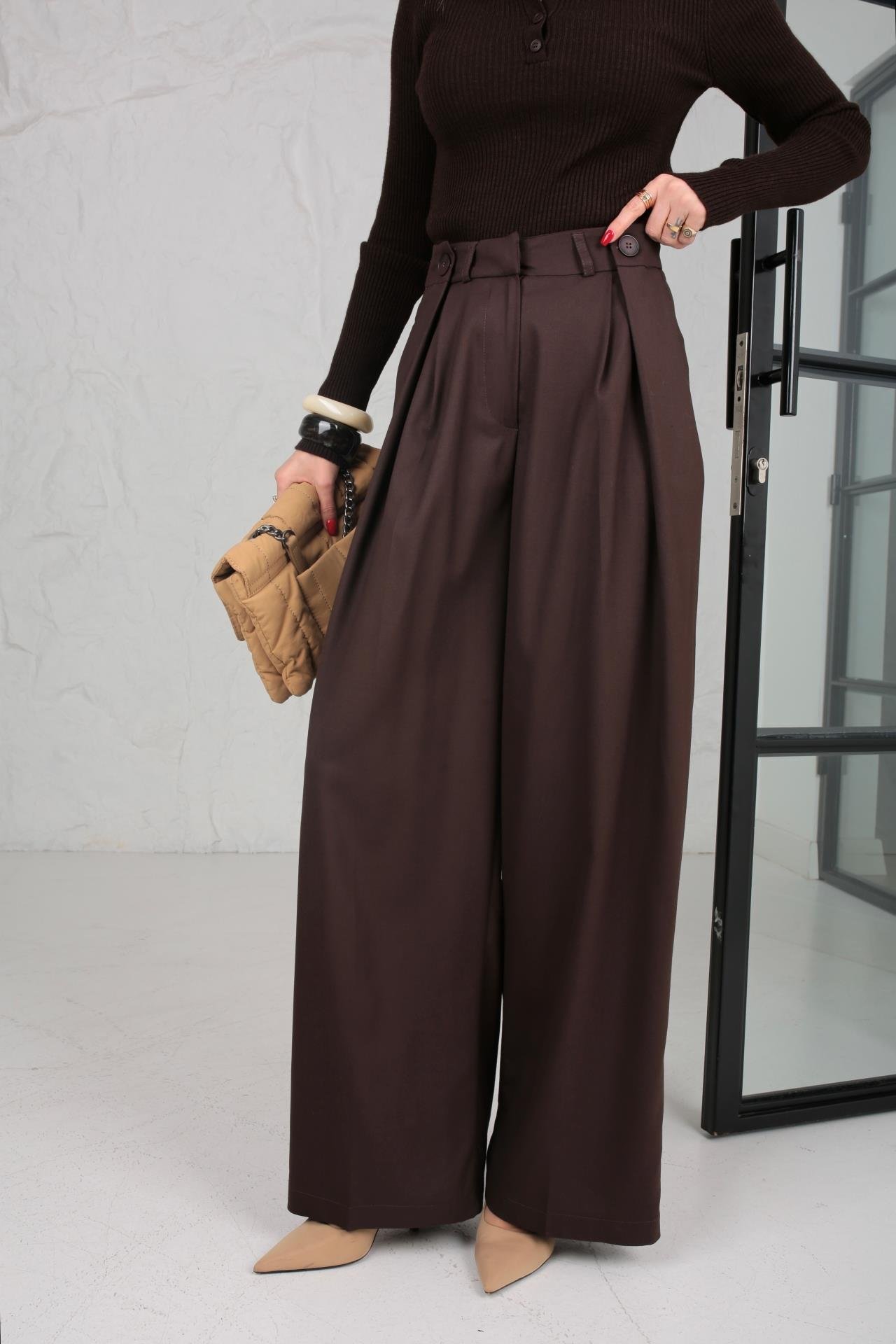 Pileli Düğme Detay Kahve Palazzo Pantolon PANTOLON