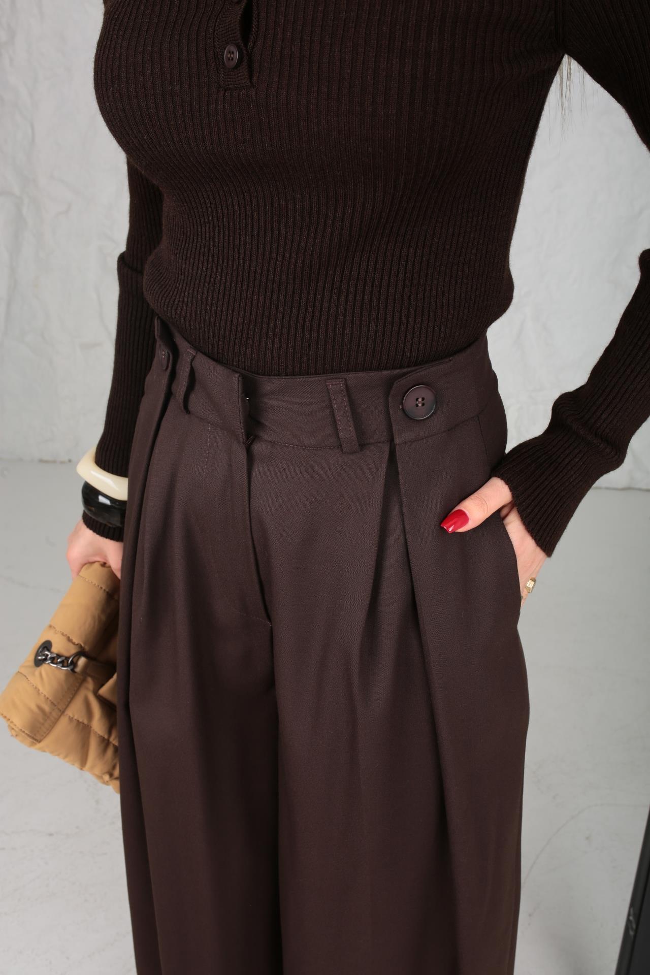Pileli Düğme Detay Kahve Palazzo Pantolon PANTOLON