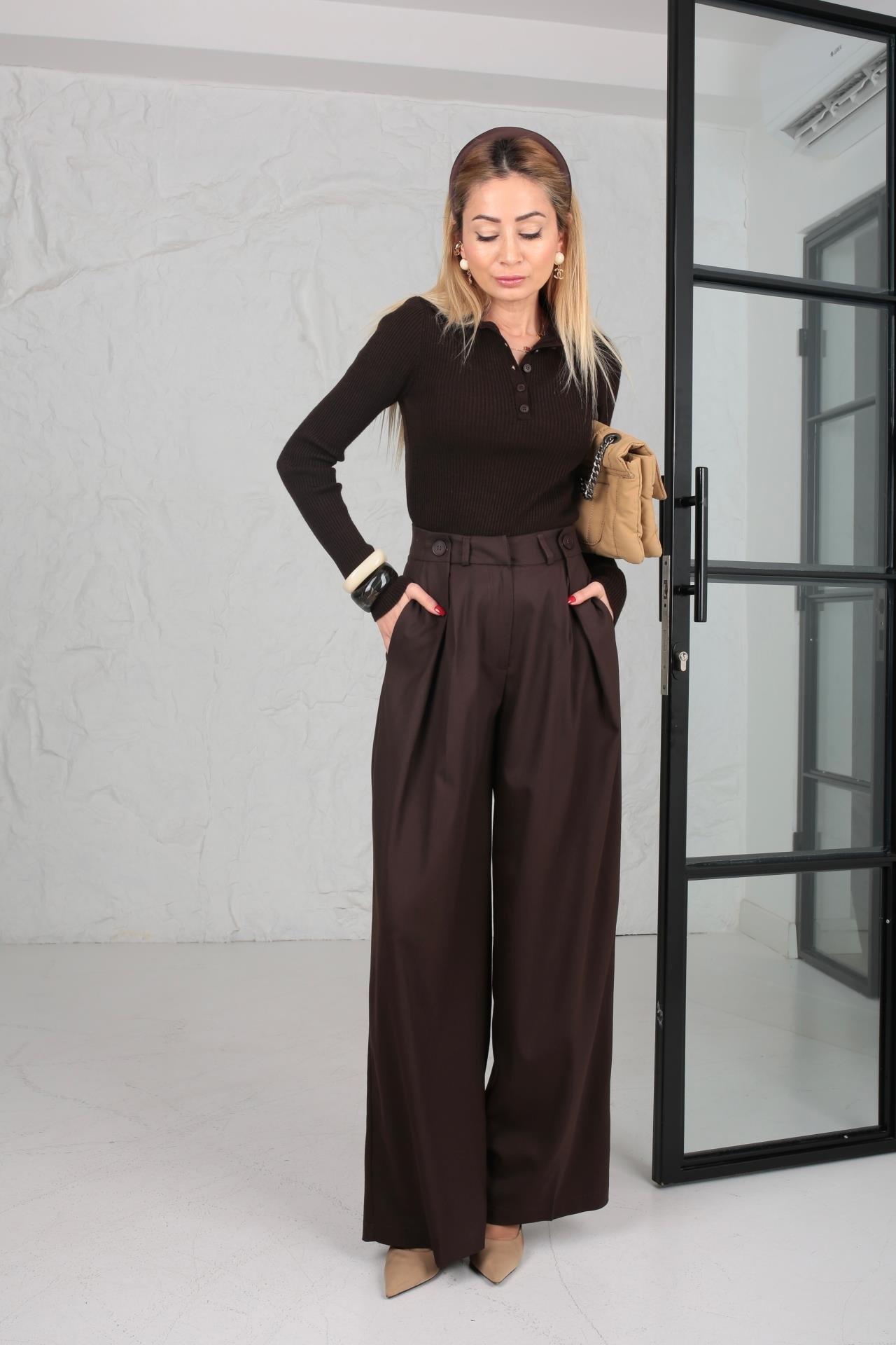 Pileli Düğme Detay Kahve Palazzo Pantolon PANTOLON