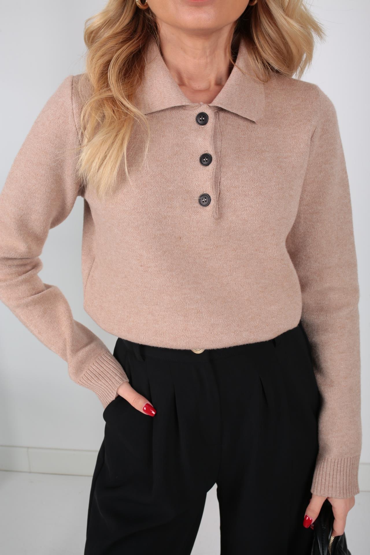 Polo Yaka 3 Düğmeli Camel Triko Kazak TRİKO VE KAZAK