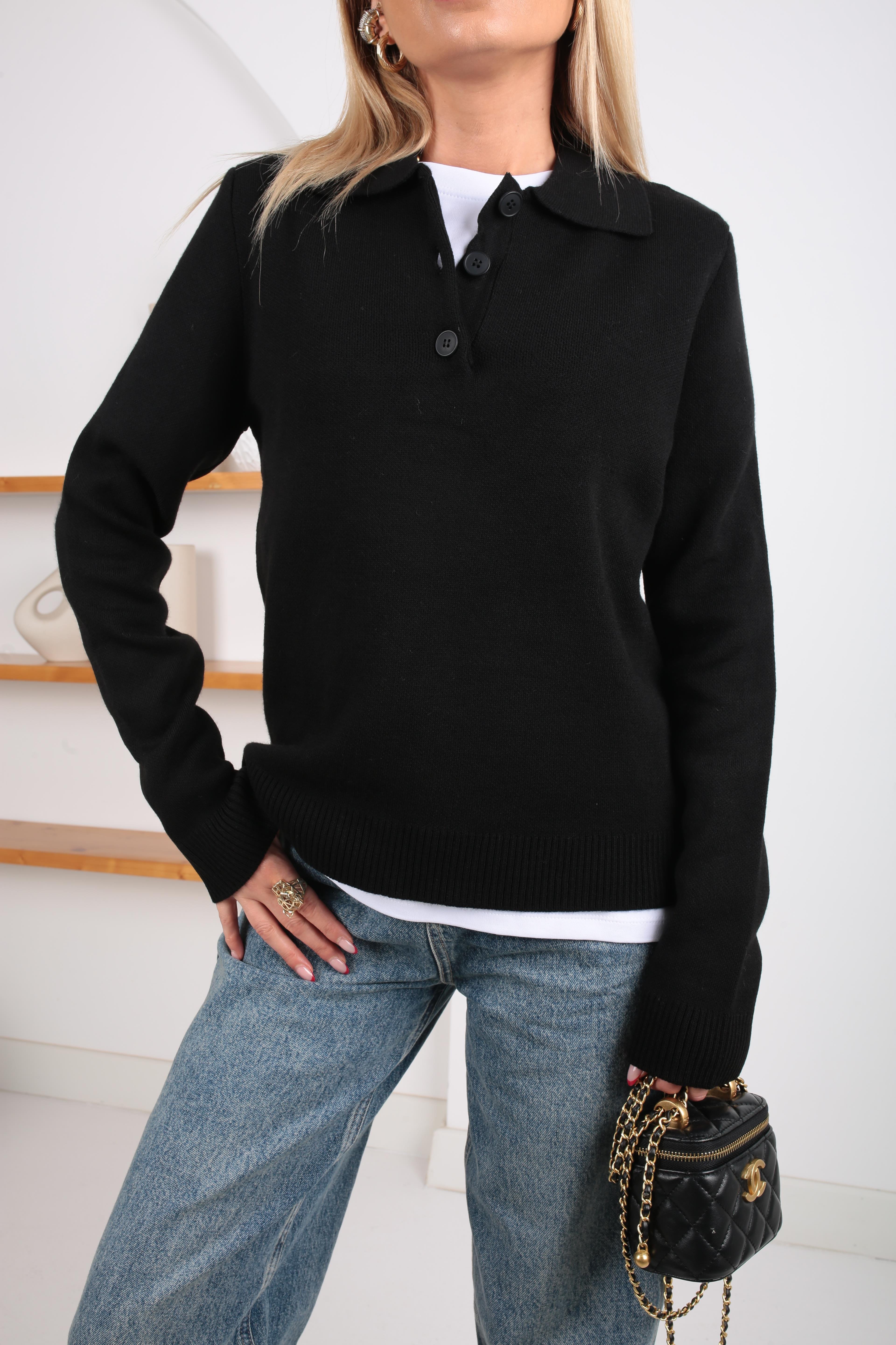 Polo Yaka 3 Düğmeli Siyah Kazak TRİKO VE KAZAK