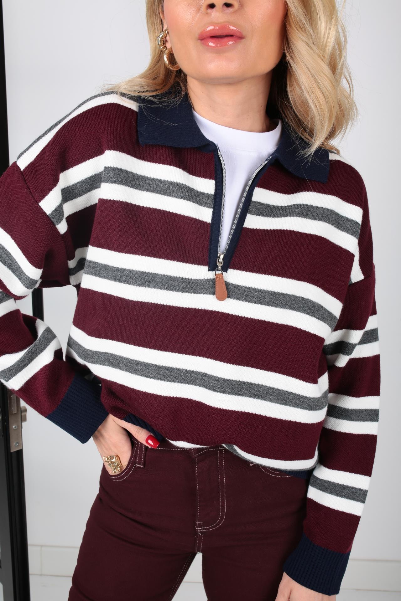 Polo Yaka Bordo Çizgili Fermurlı Kazak TRİKO VE KAZAK