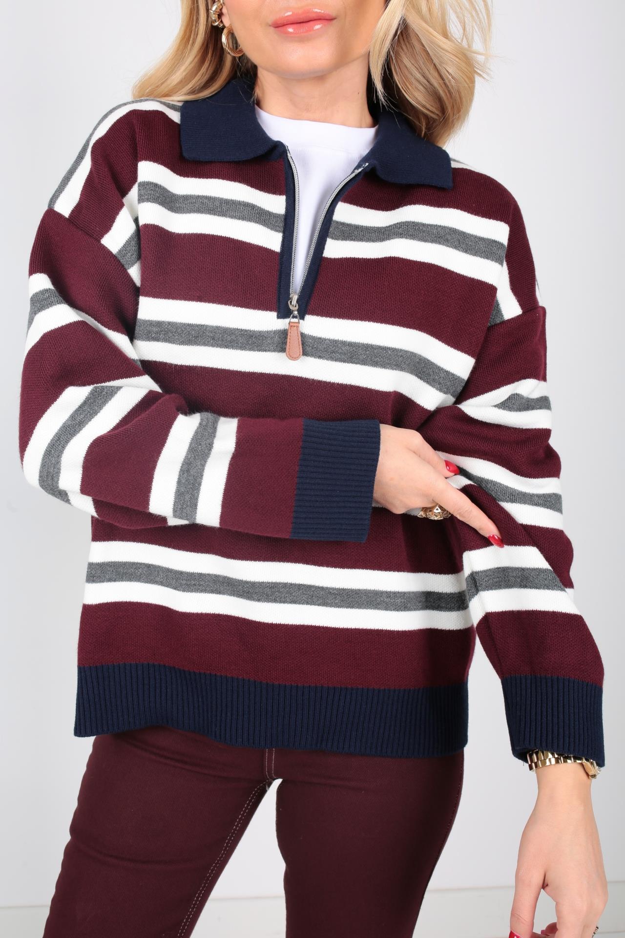 Polo Yaka Bordo Çizgili Fermurlı Kazak TRİKO VE KAZAK