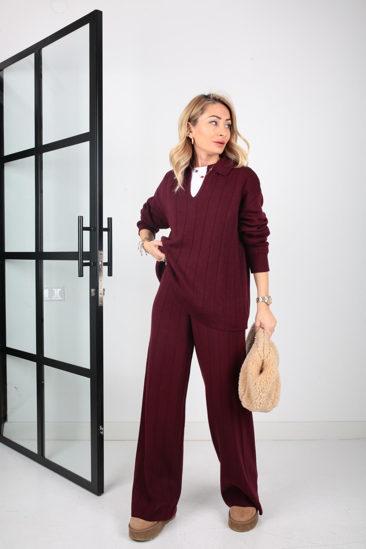 Polo Yaka Bordo Pantolonlu Triko Takım TAKIM