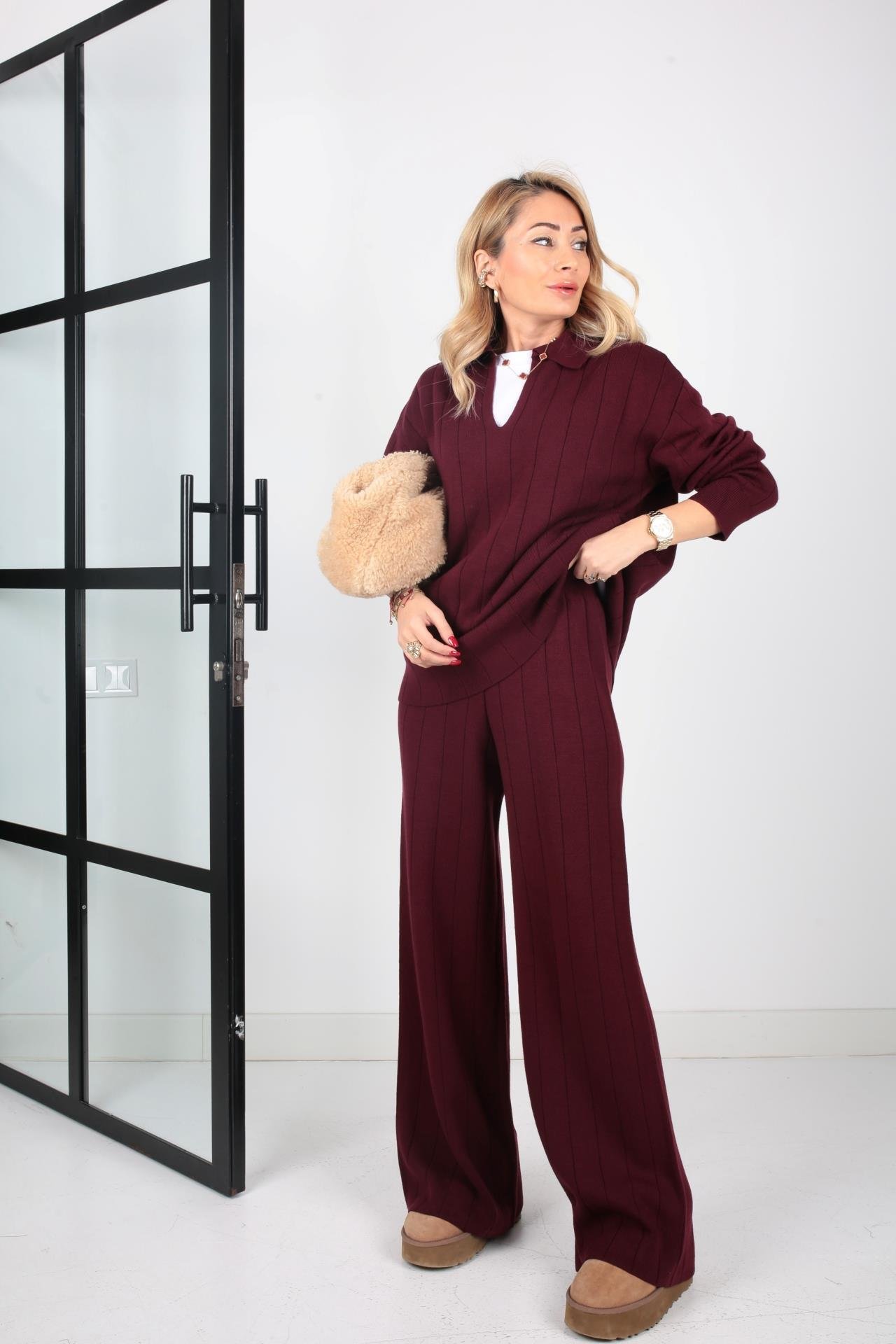 Polo Yaka Bordo Pantolonlu Triko Takım TAKIM