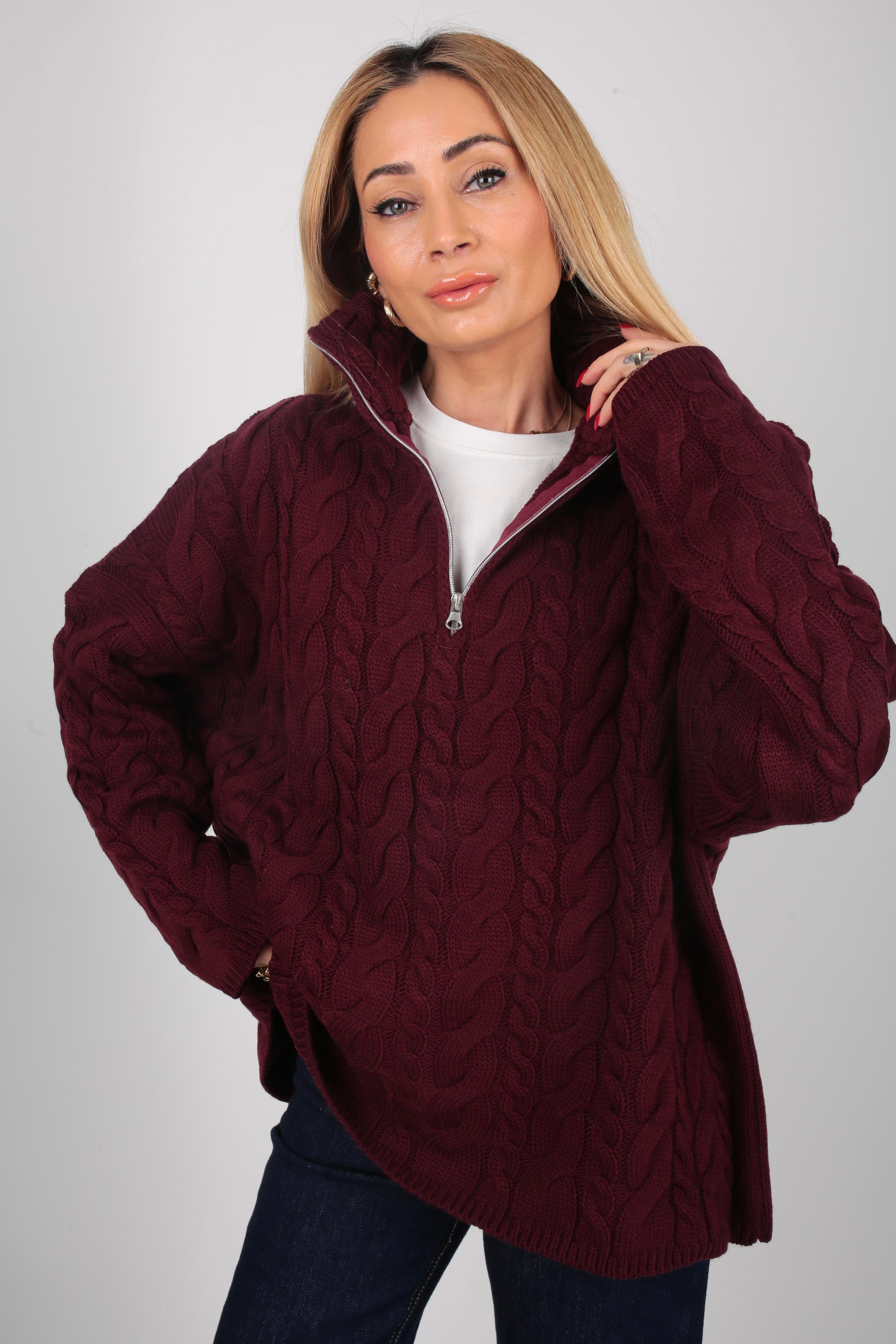 Polo Yaka Bordo Saç Örgülü Fermuarlı Kazak TRİKO VE KAZAK