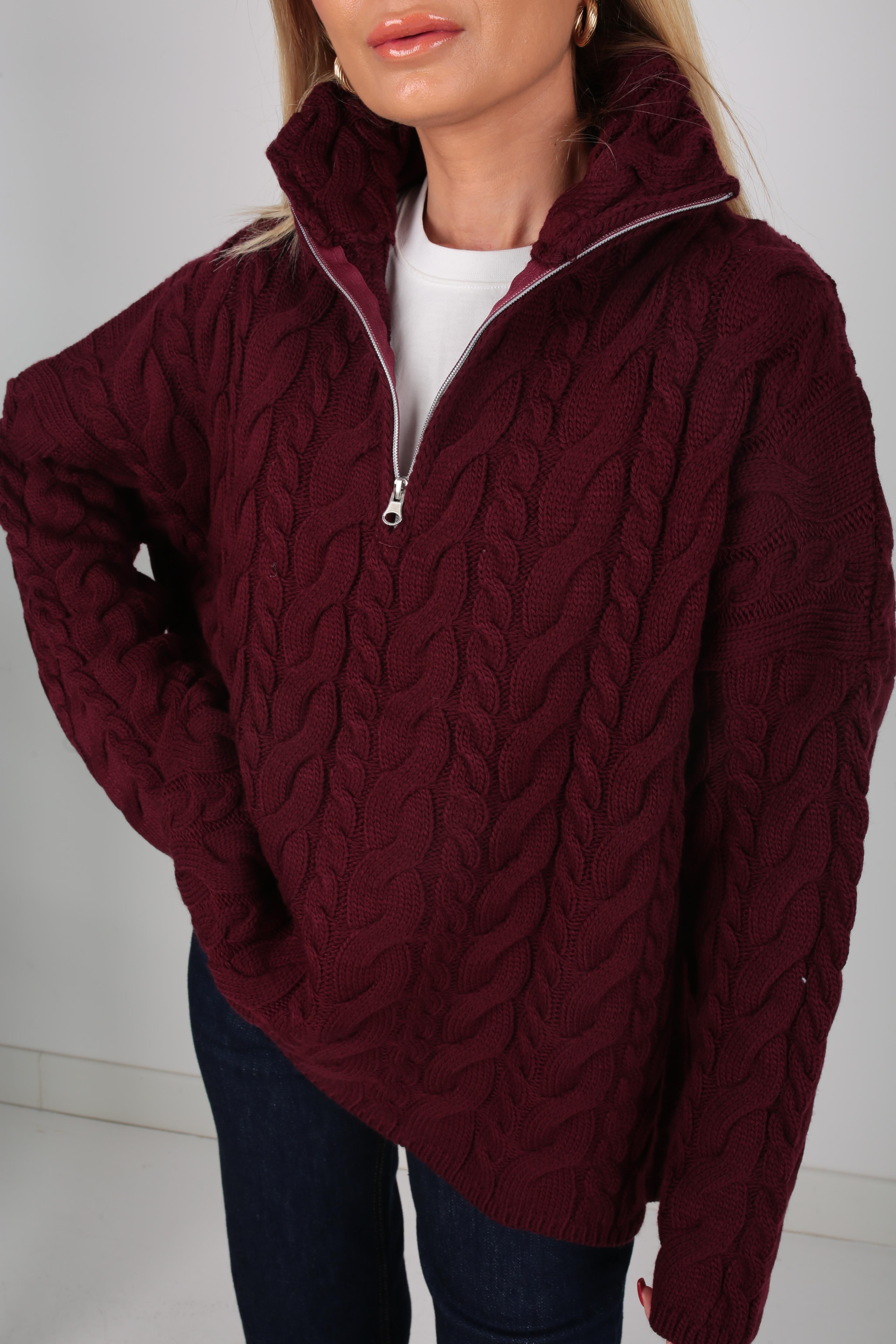 Polo Yaka Bordo Saç Örgülü Fermuarlı Kazak TRİKO VE KAZAK