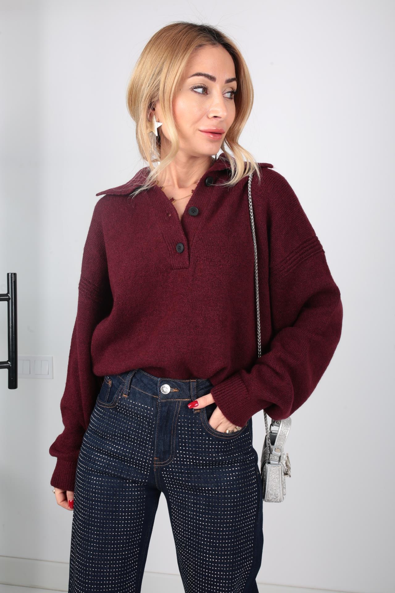 Polo Yaka Düğme Detay Bordo Kazak TRİKO VE KAZAK