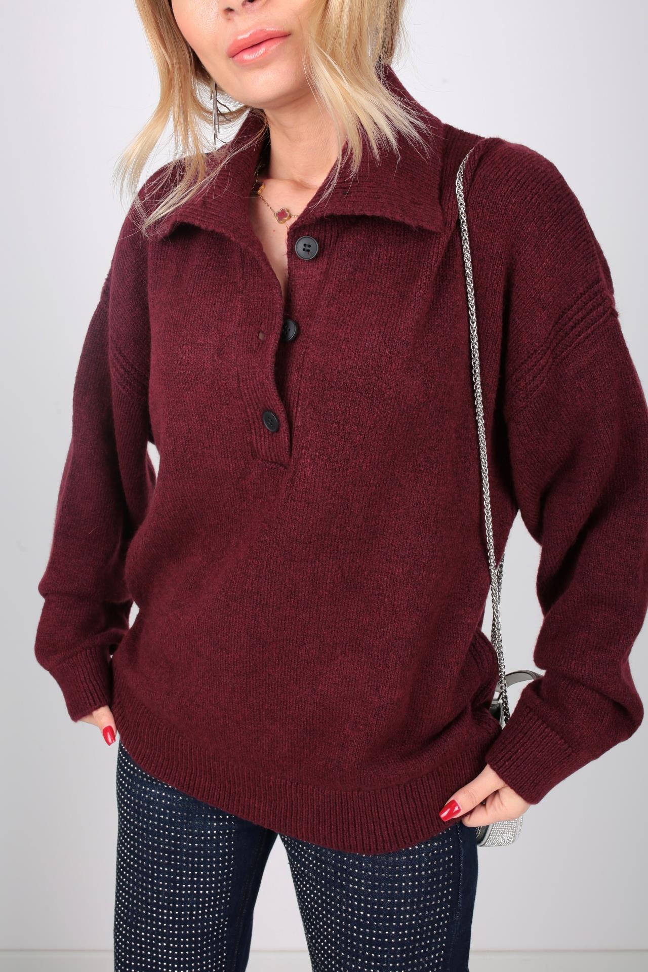 Polo Yaka Düğme Detay Bordo Kazak TRİKO VE KAZAK