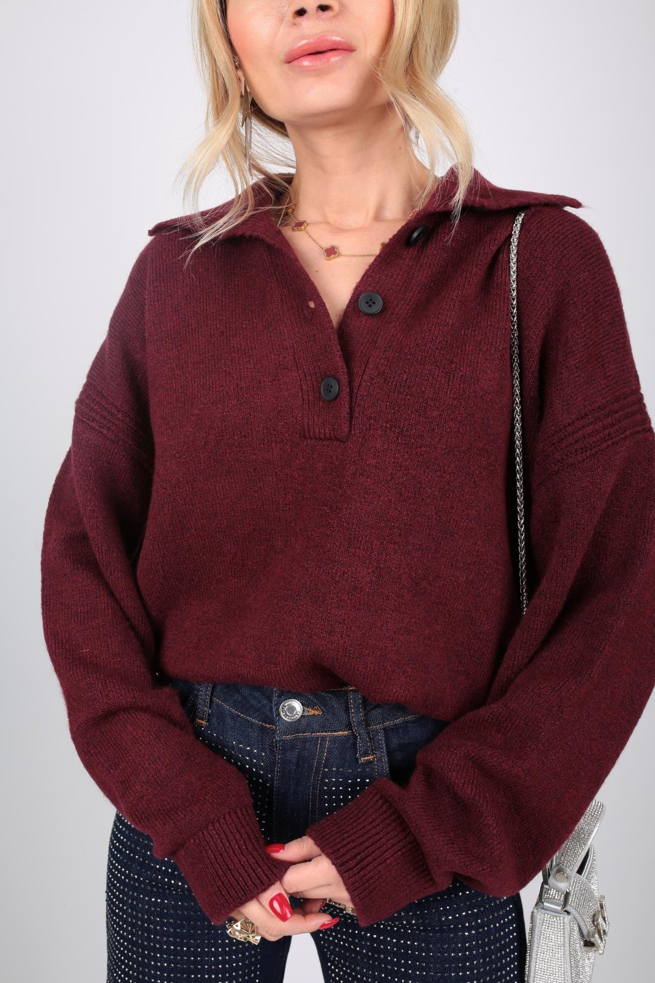 Polo Yaka Düğme Detay Bordo Kazak TRİKO VE KAZAK