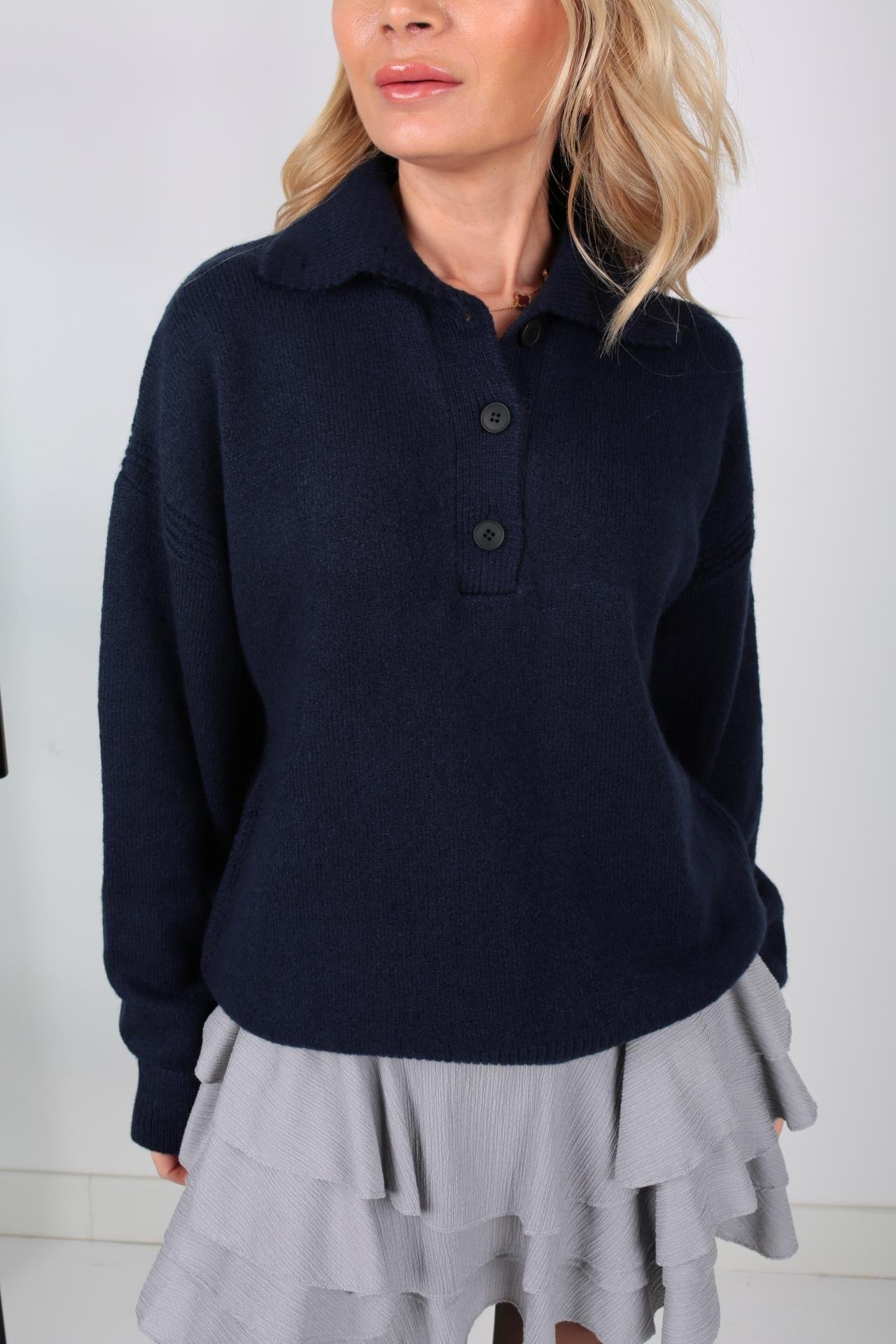 Polo Yaka Düğme Detay Lacivert Kazak TRİKO VE KAZAK