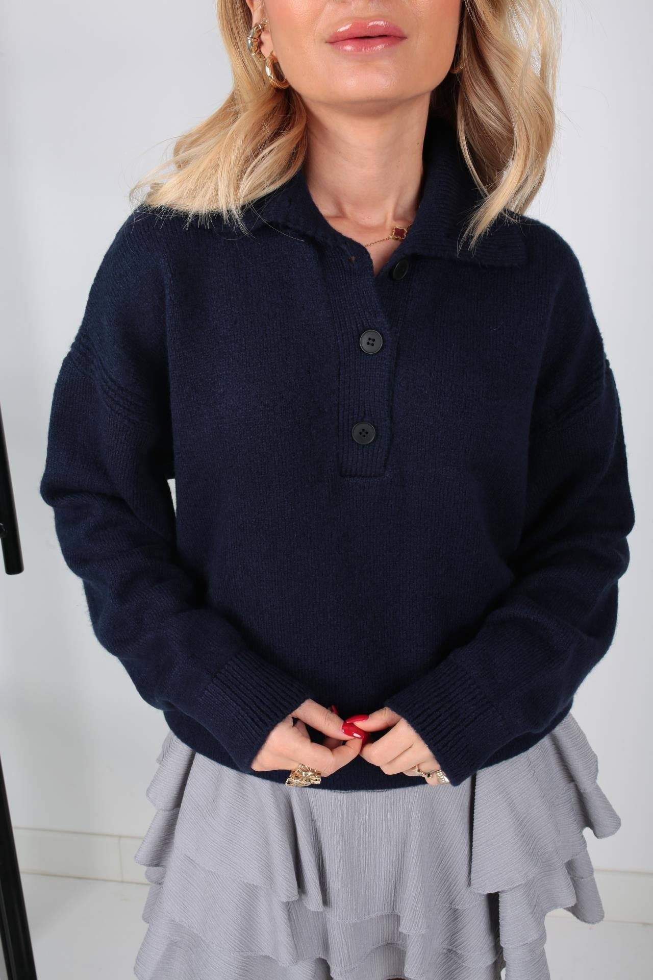 Polo Yaka Düğme Detay Lacivert Kazak TRİKO VE KAZAK