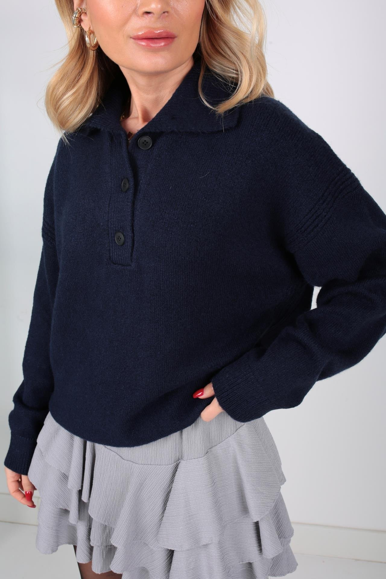 Polo Yaka Düğme Detay Lacivert Kazak TRİKO VE KAZAK