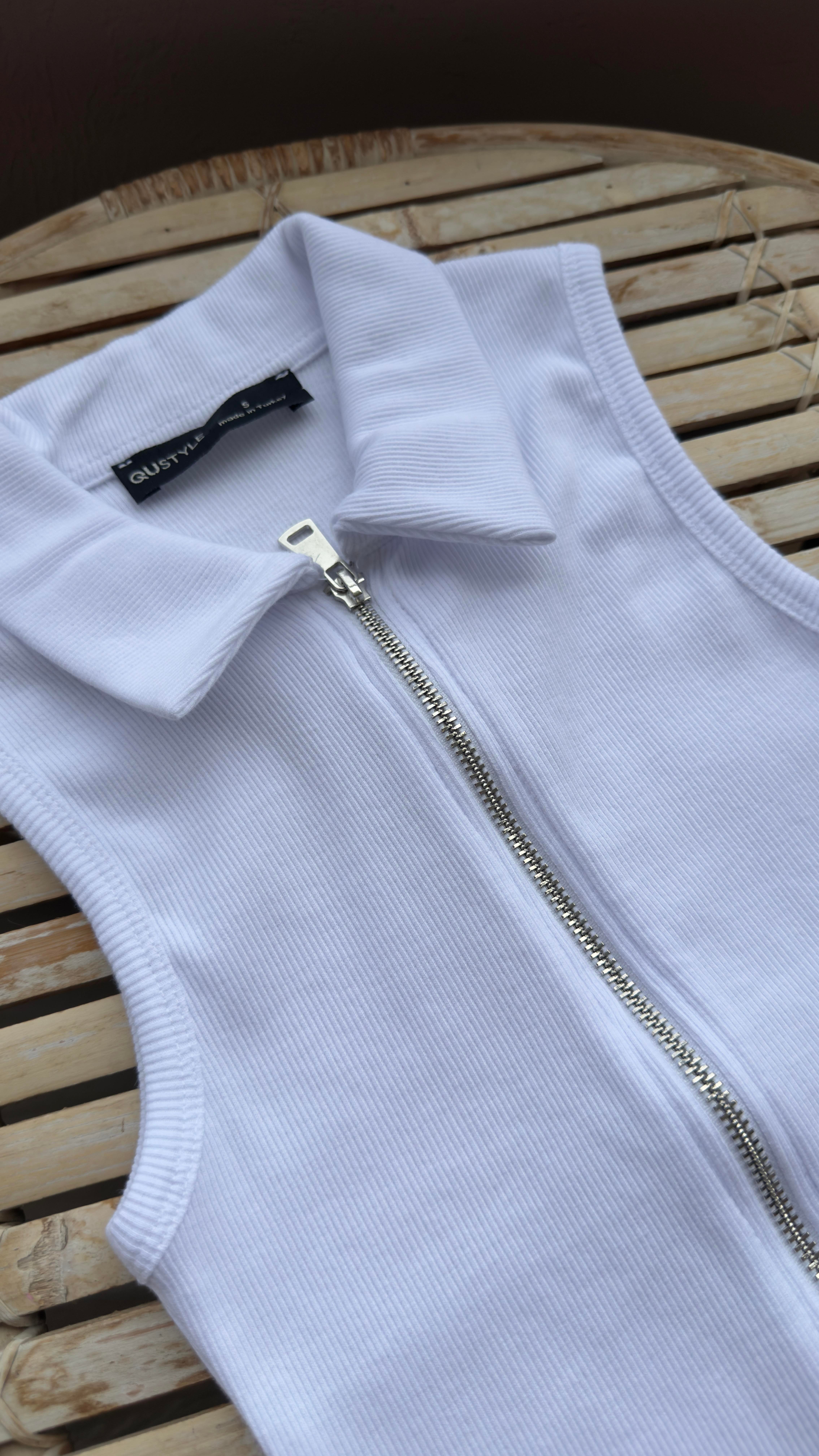 Polo Yaka Fermuarlı Beyaz Fitilli Bluz BLUZ | NO33