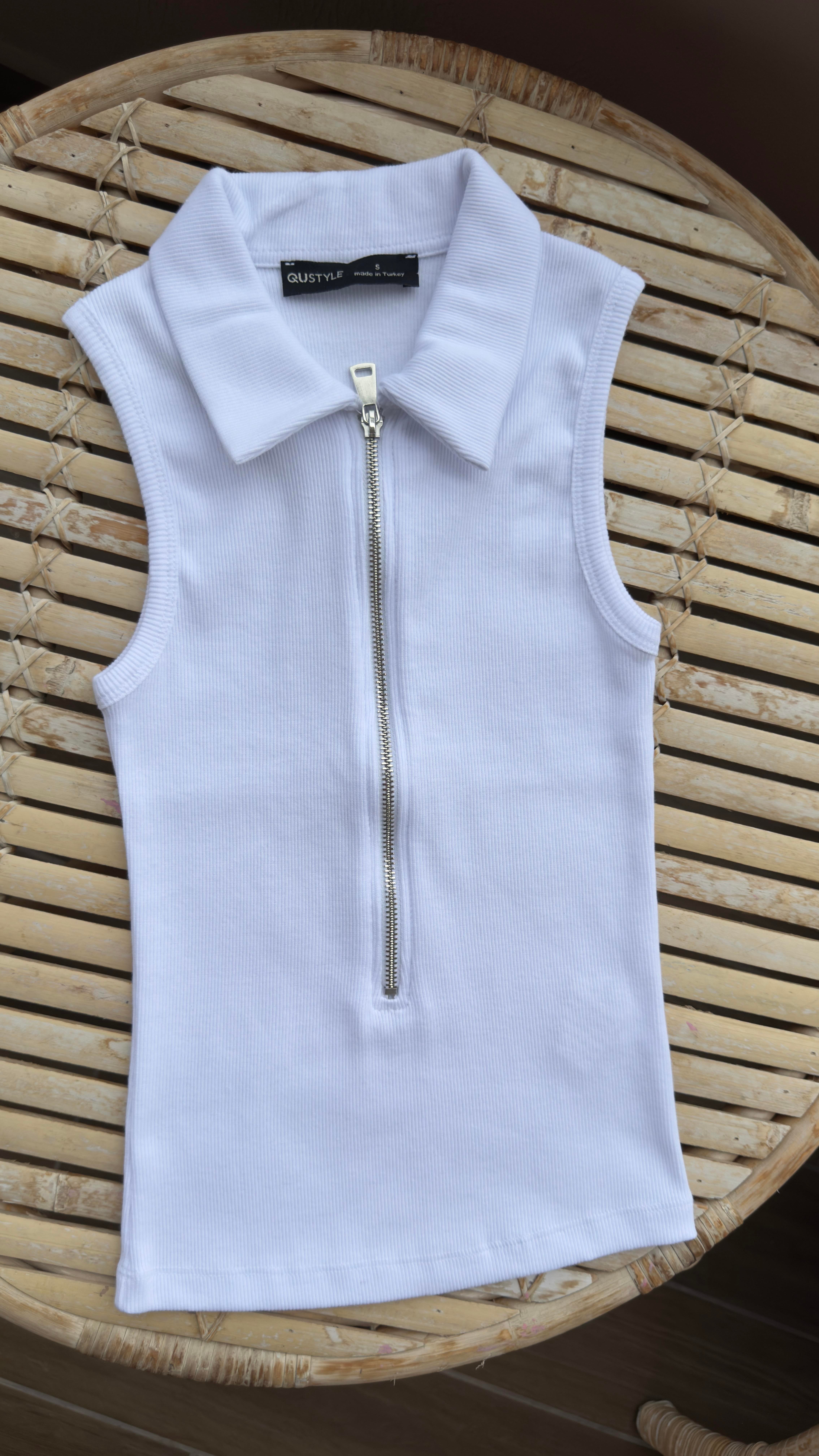 Polo Yaka Fermuarlı Beyaz Fitilli Bluz BLUZ | NO33