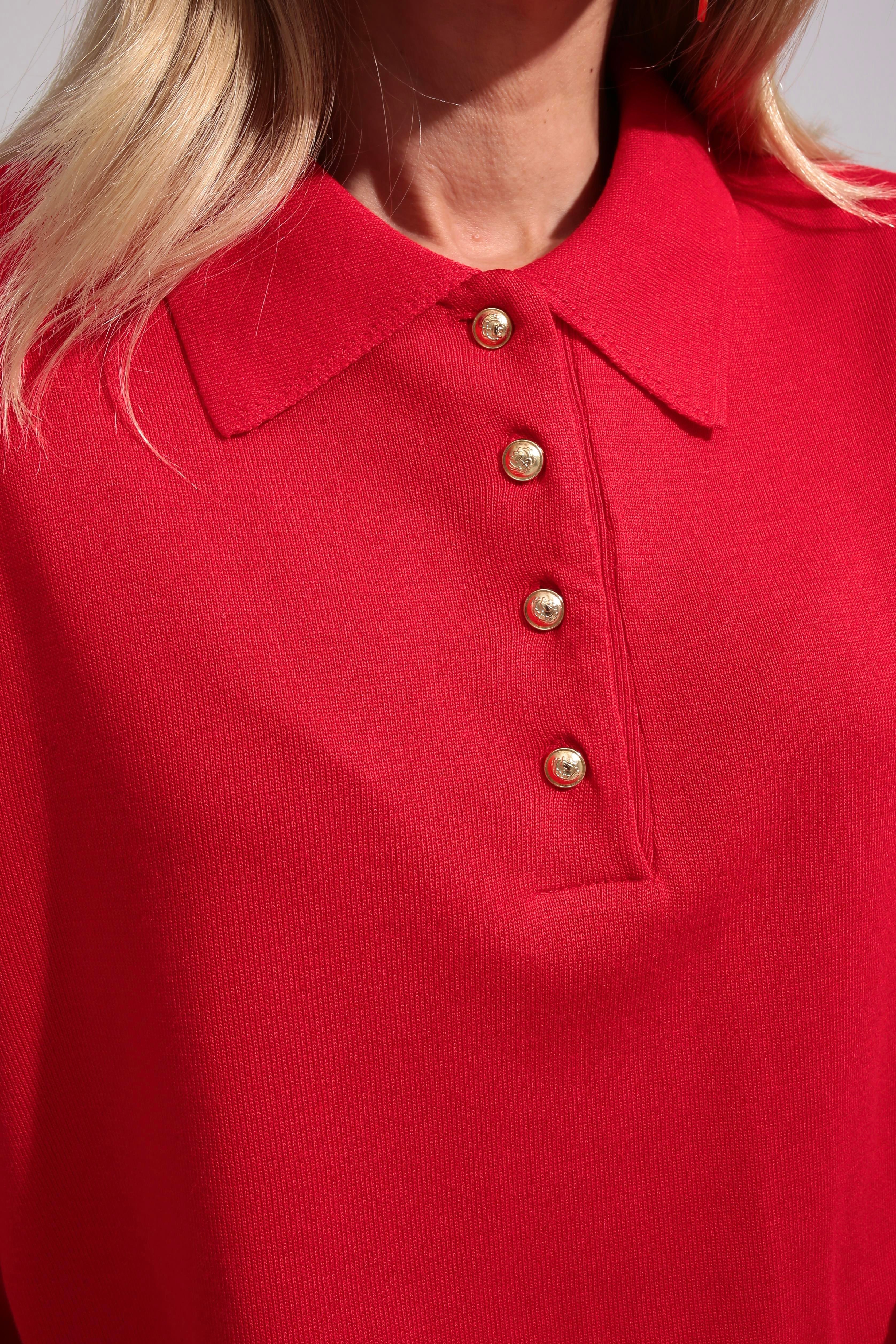 Polo Yaka Gold Düğmeli Oversize Kırmızı Triko Kazak TRİKO VE KAZAK