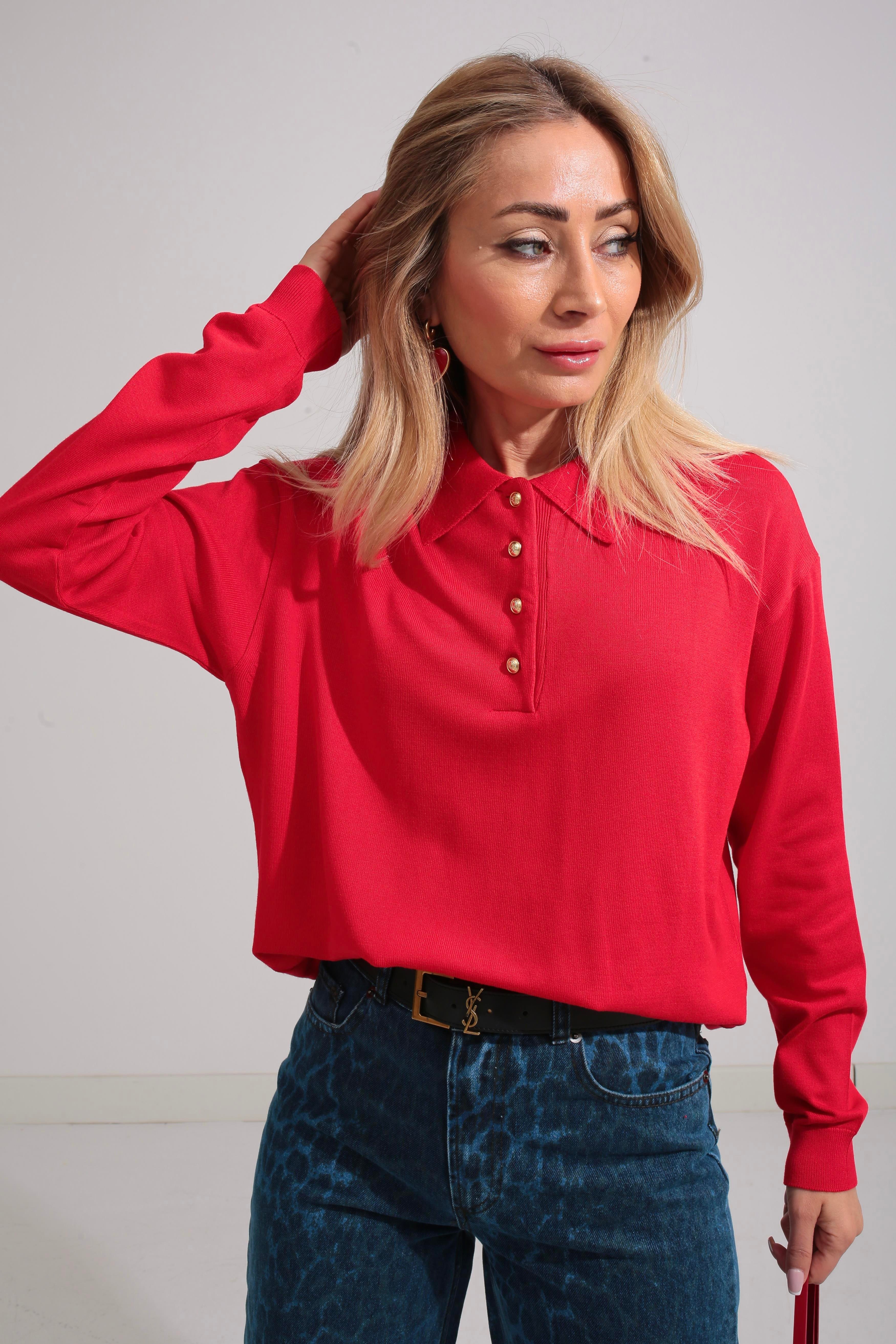 Polo Yaka Gold Düğmeli Oversize Kırmızı Triko Kazak TRİKO VE KAZAK