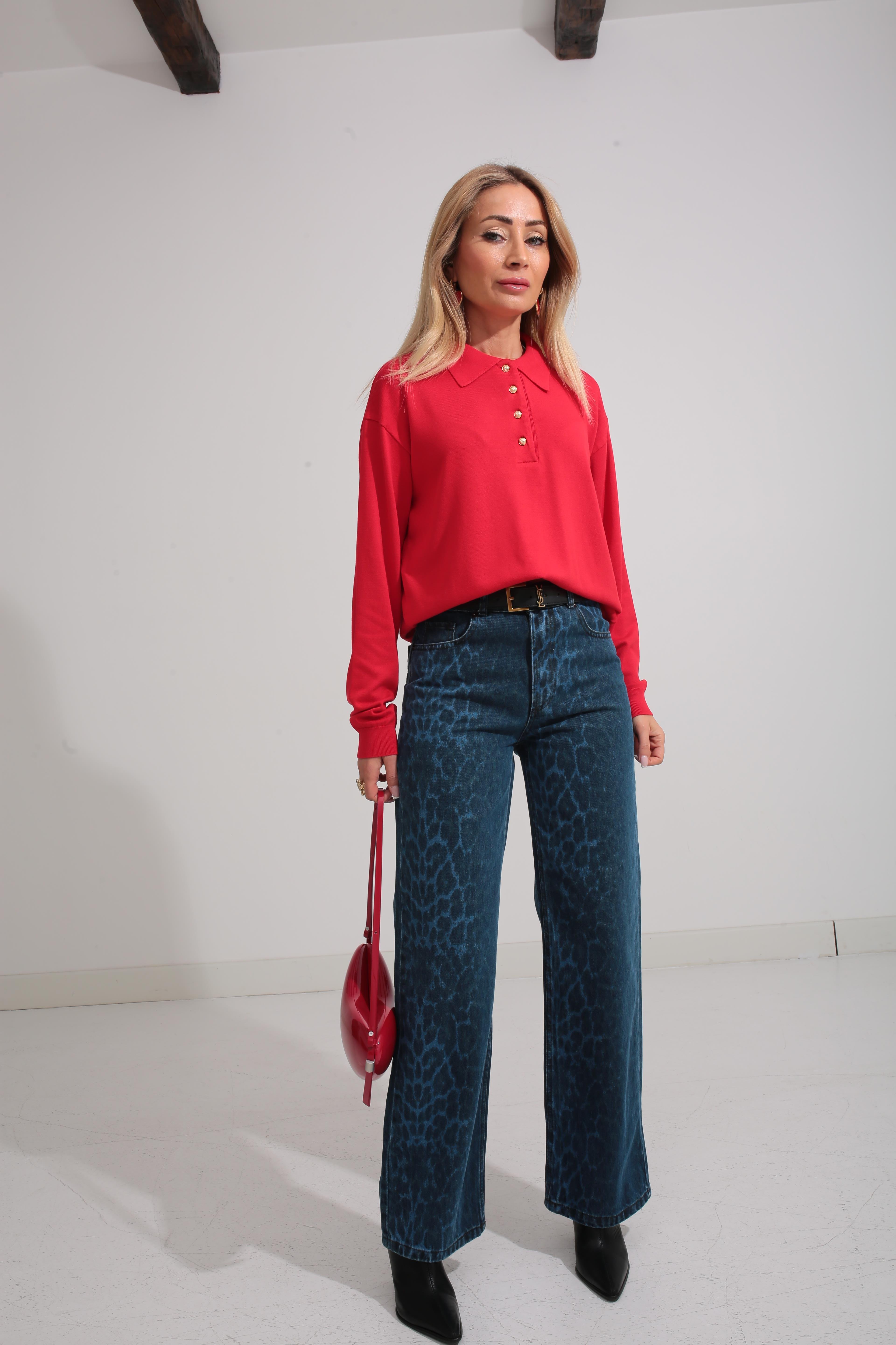 Polo Yaka Gold Düğmeli Oversize Kırmızı Triko Kazak TRİKO VE KAZAK