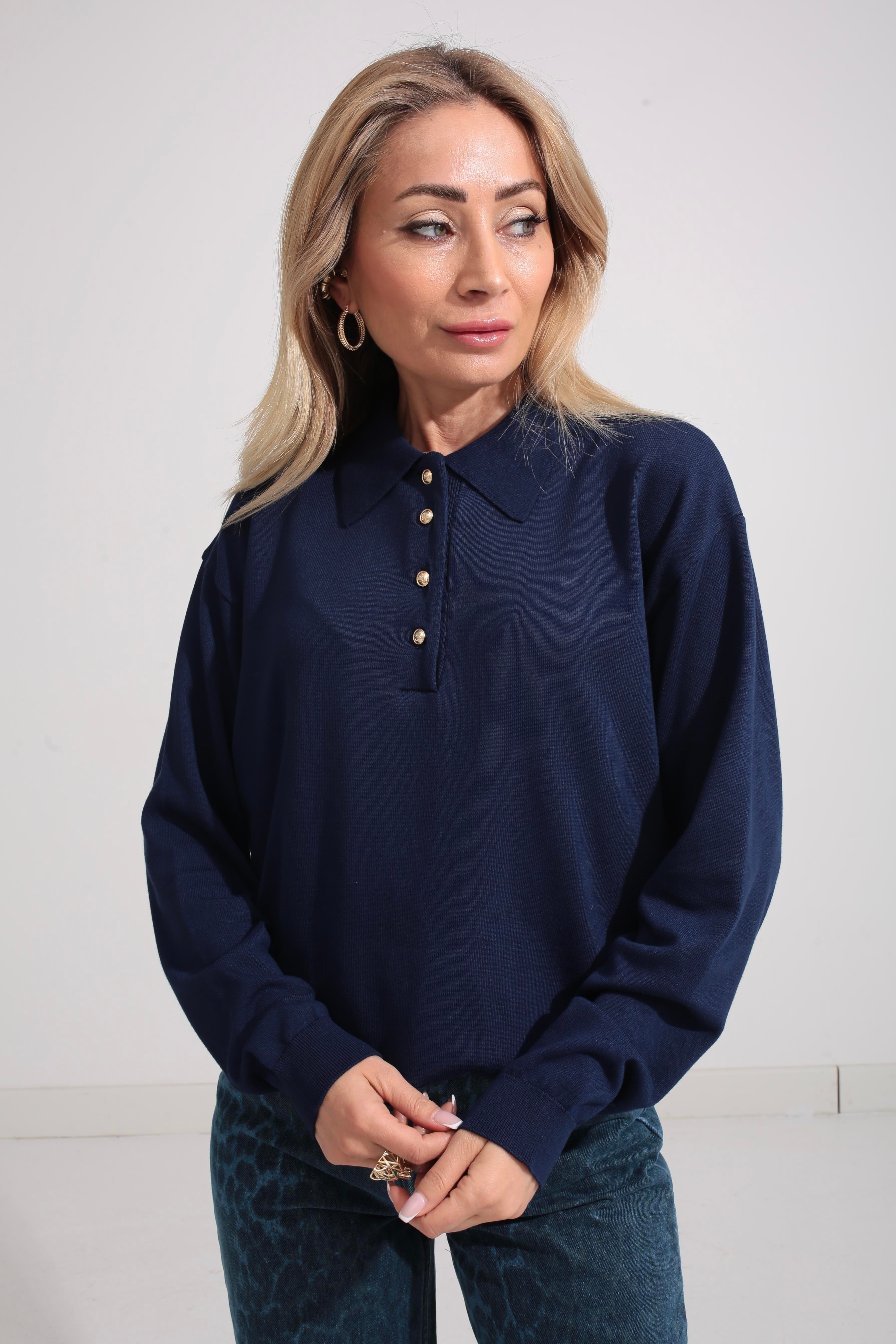 Polo Yaka Gold Düğmeli Oversize Lacivertı Triko Kazak TRİKO VE KAZAK