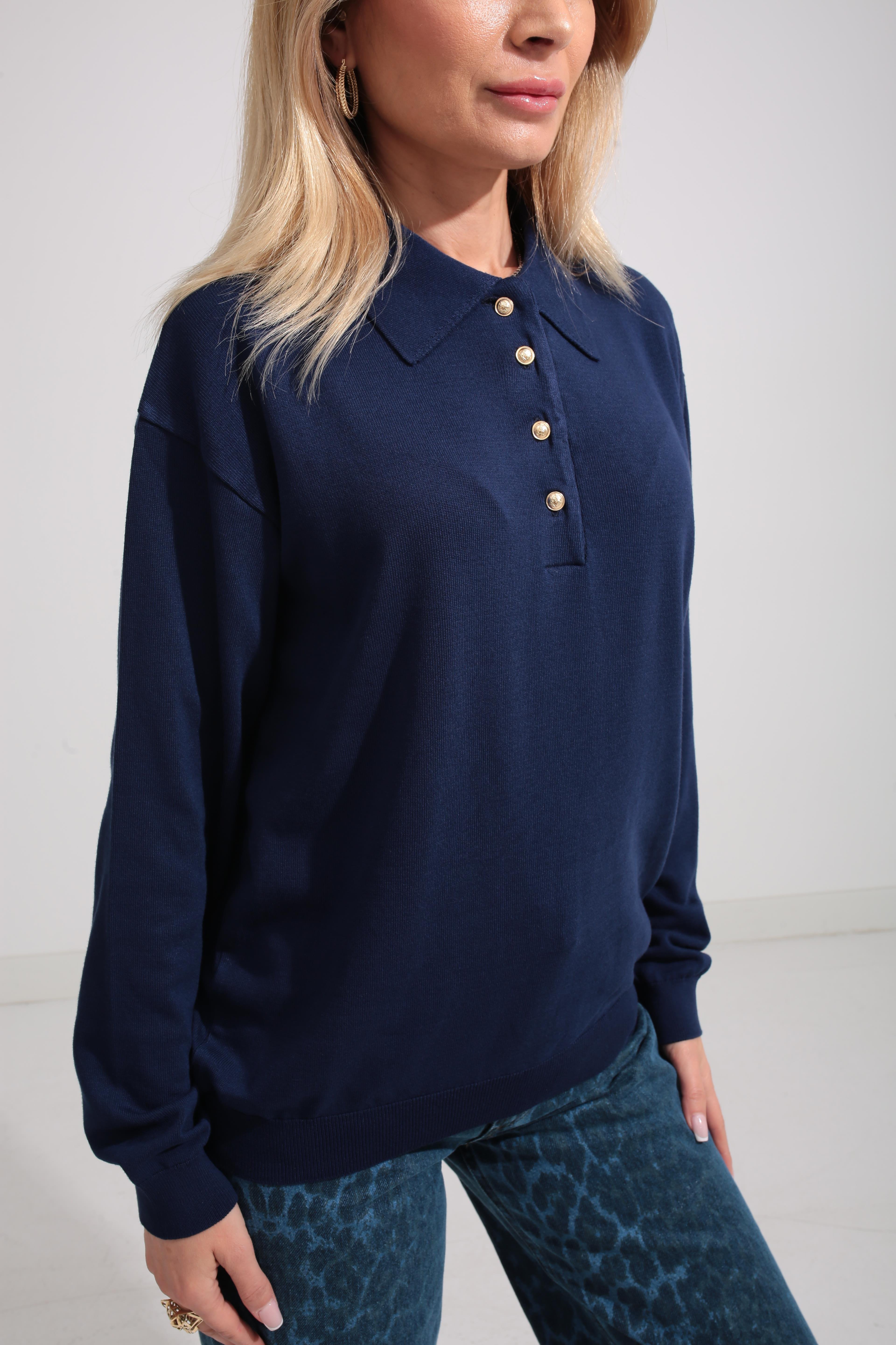 Polo Yaka Gold Düğmeli Oversize Lacivertı Triko Kazak TRİKO VE KAZAK