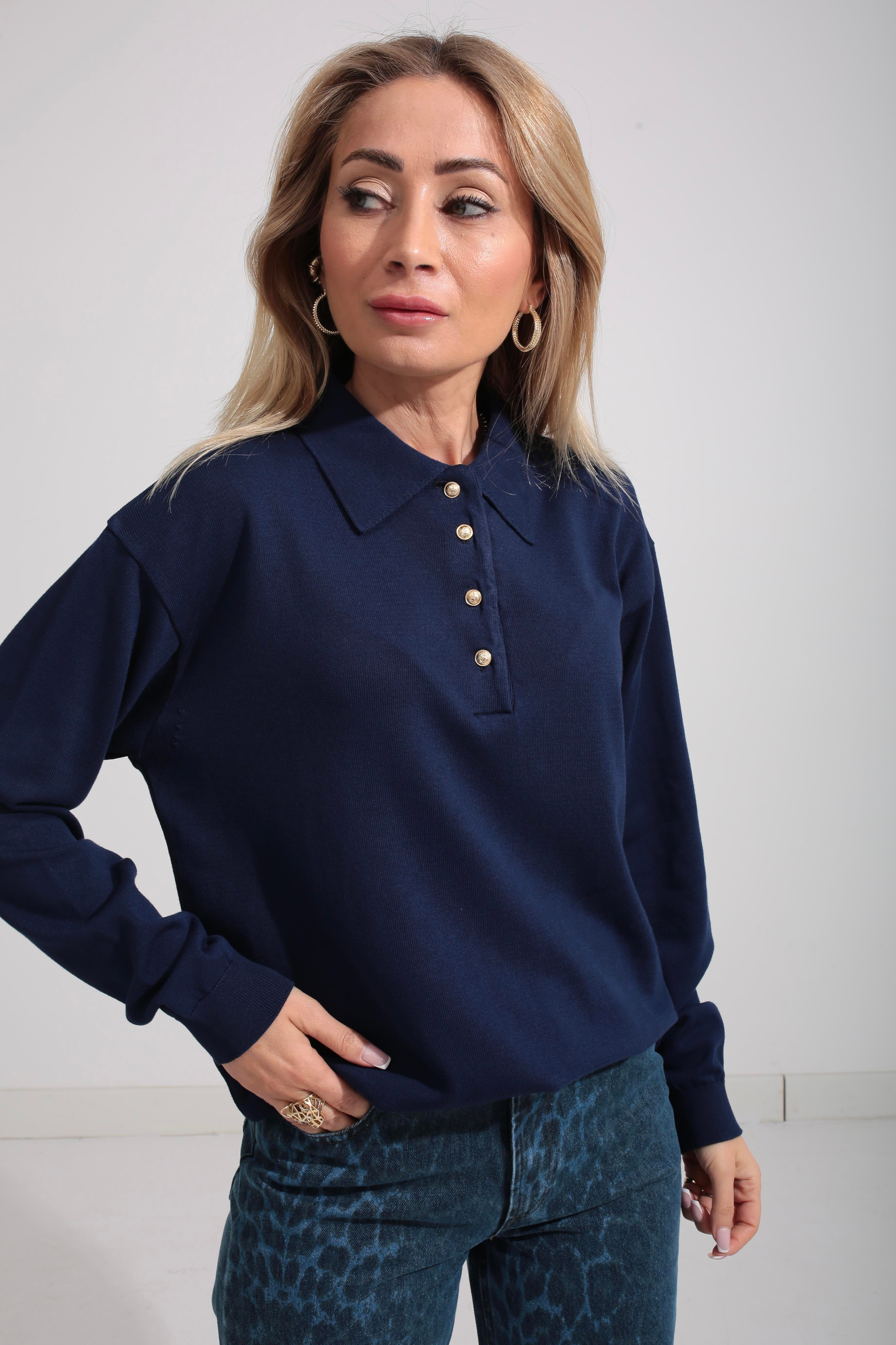 Polo Yaka Gold Düğmeli Oversize Lacivertı Triko Kazak TRİKO VE KAZAK