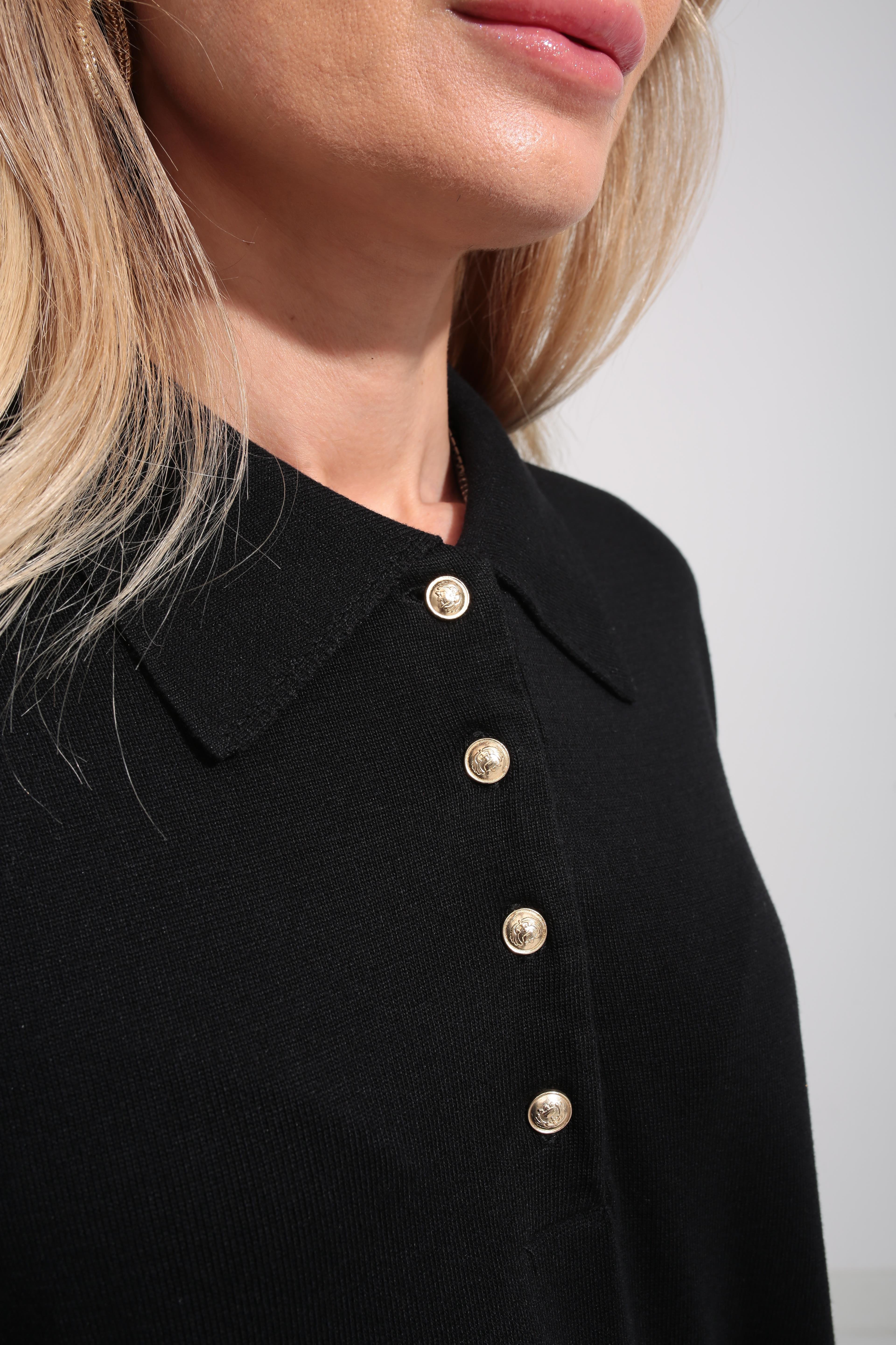 Polo Yaka Gold Düğmeli Oversize Siyah Triko Kazak TRİKO VE KAZAK