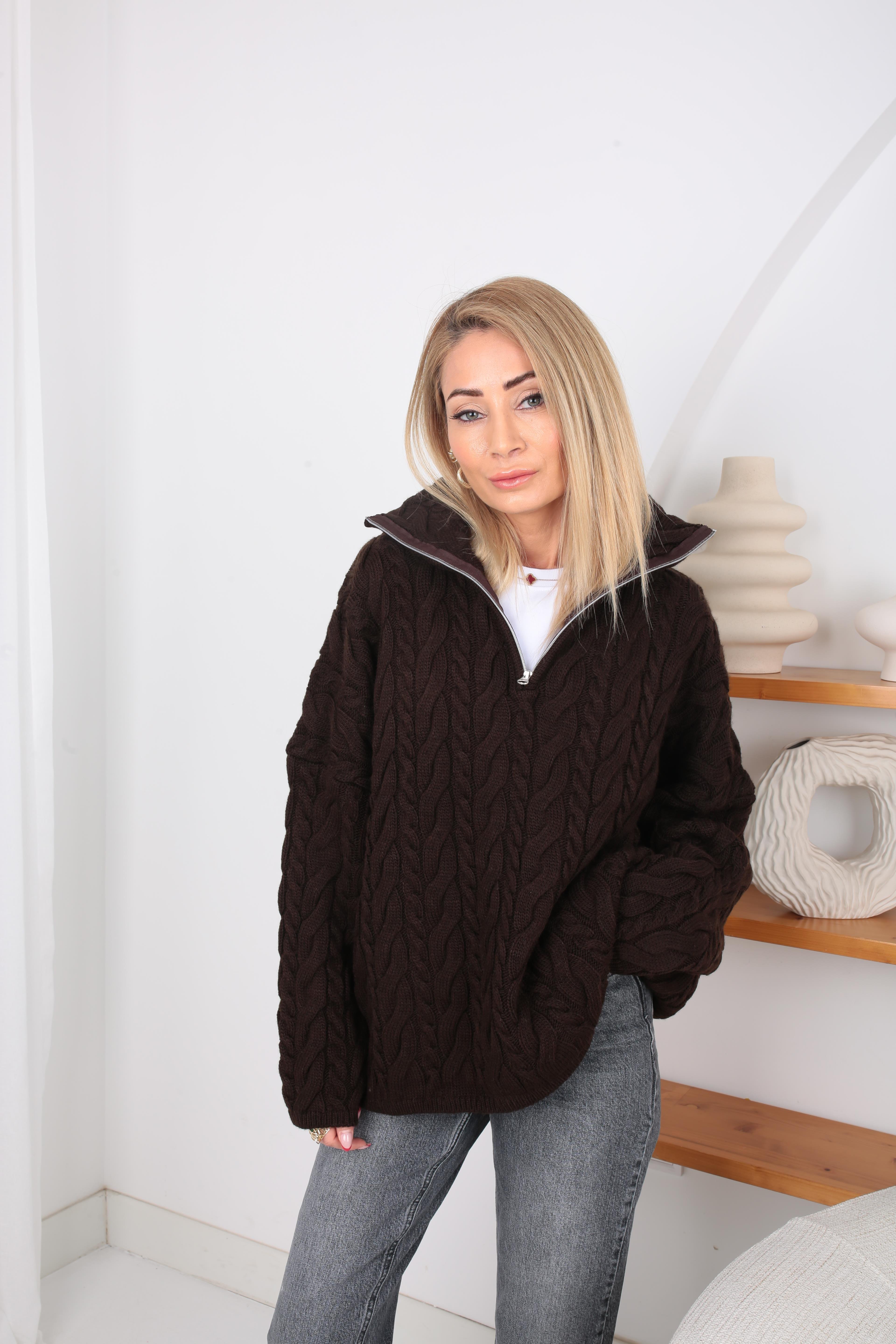 Polo Yaka Saç Örgülü Kahve Kazak TRİKO VE KAZAK