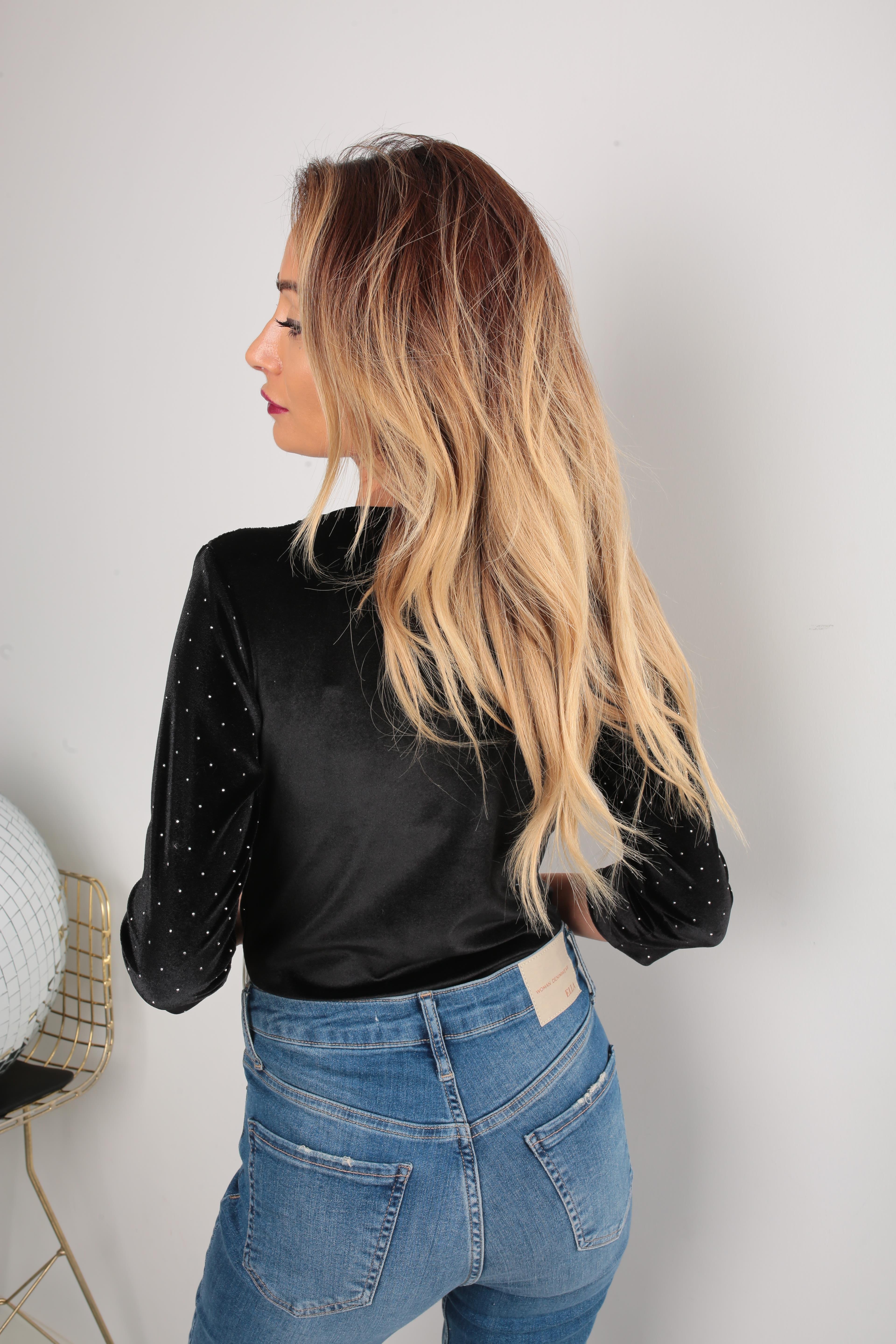 Siah Taş Baskılı Kadife Badysuit BLUZ