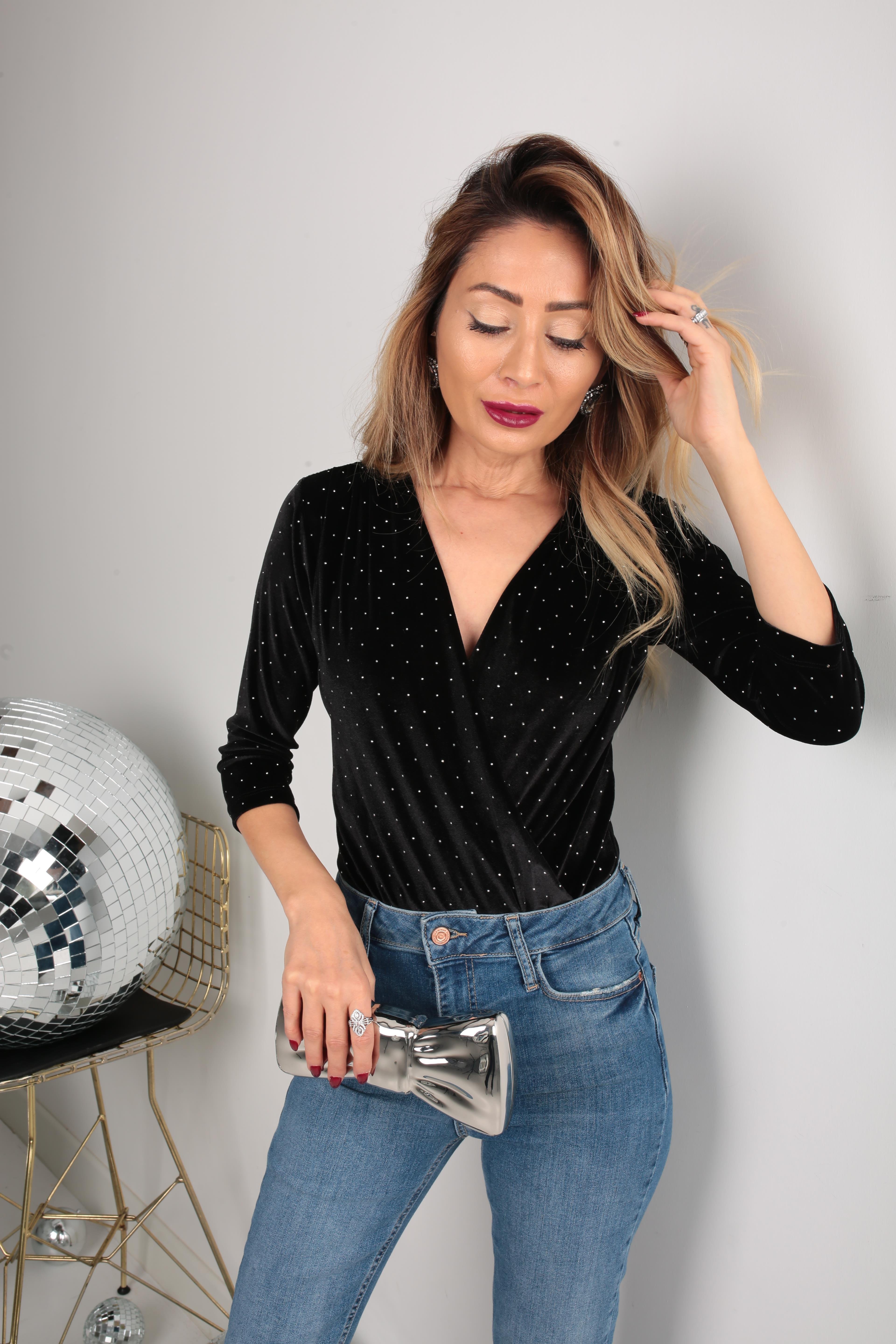 Siah Taş Baskılı Kadife Badysuit BLUZ