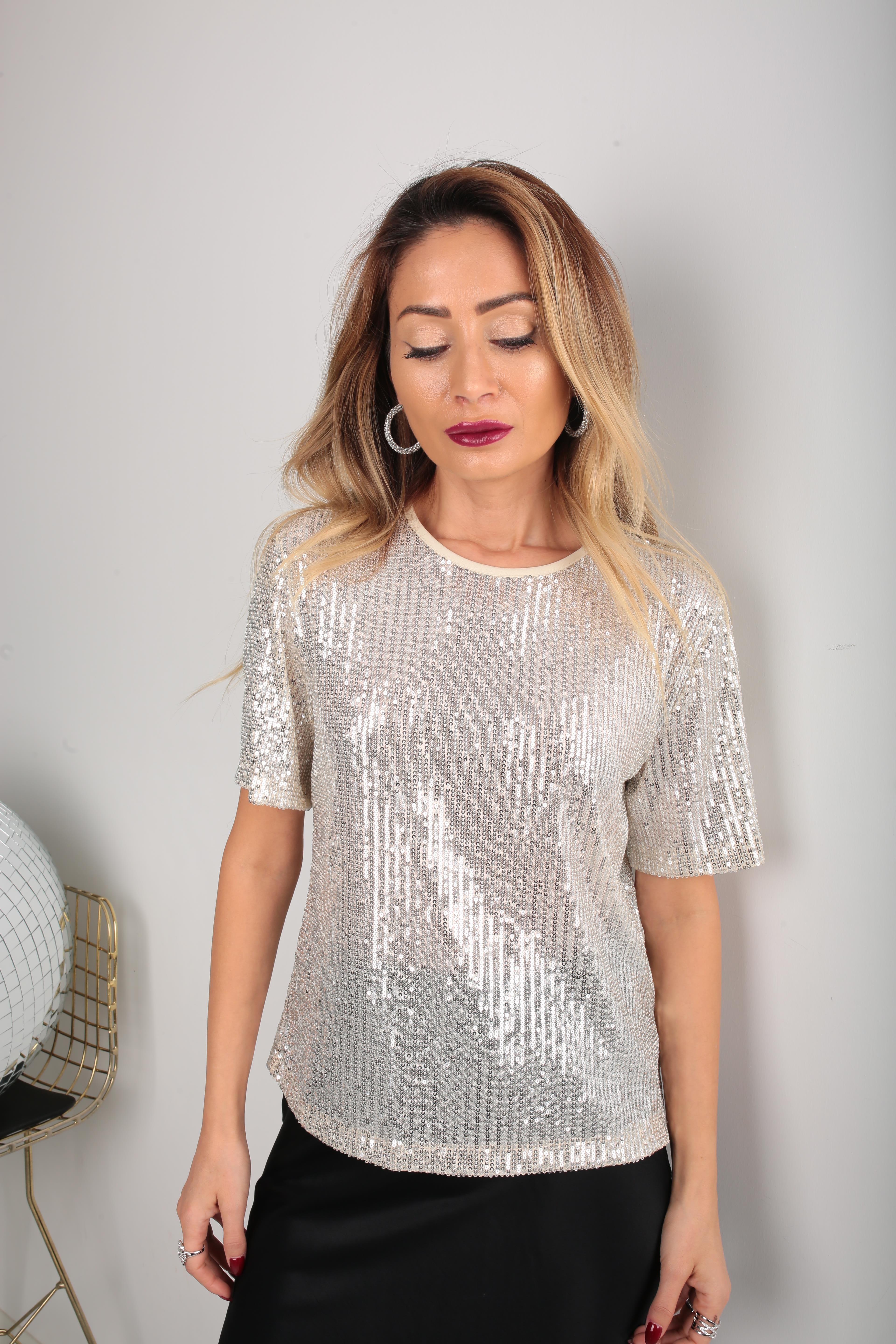 Sıfır Yaka Payetli Ekru Bluz BLUZ