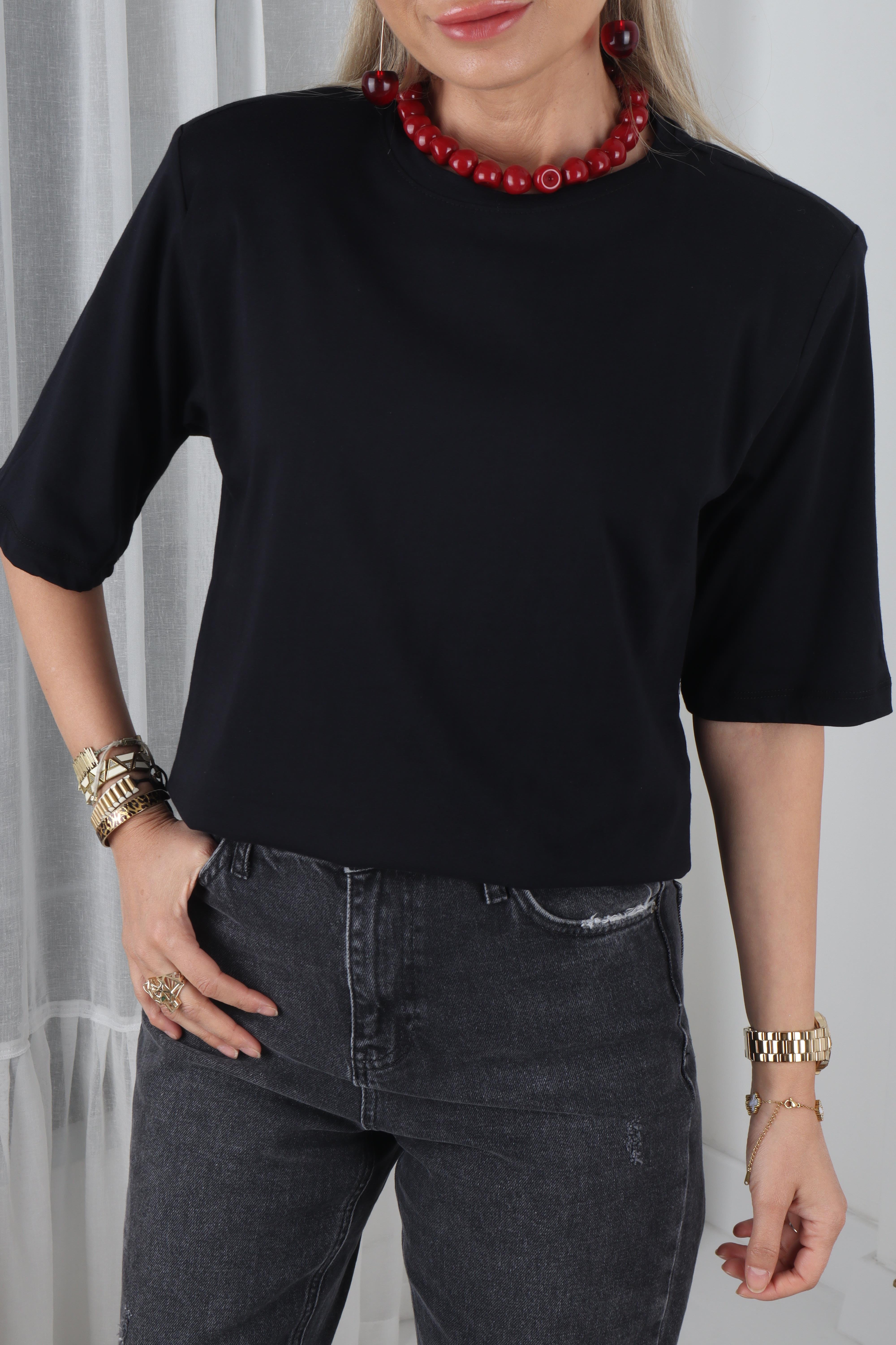 Sıfır Yaka Vatkalı Siyah Basic Tshirt T-SHİRT