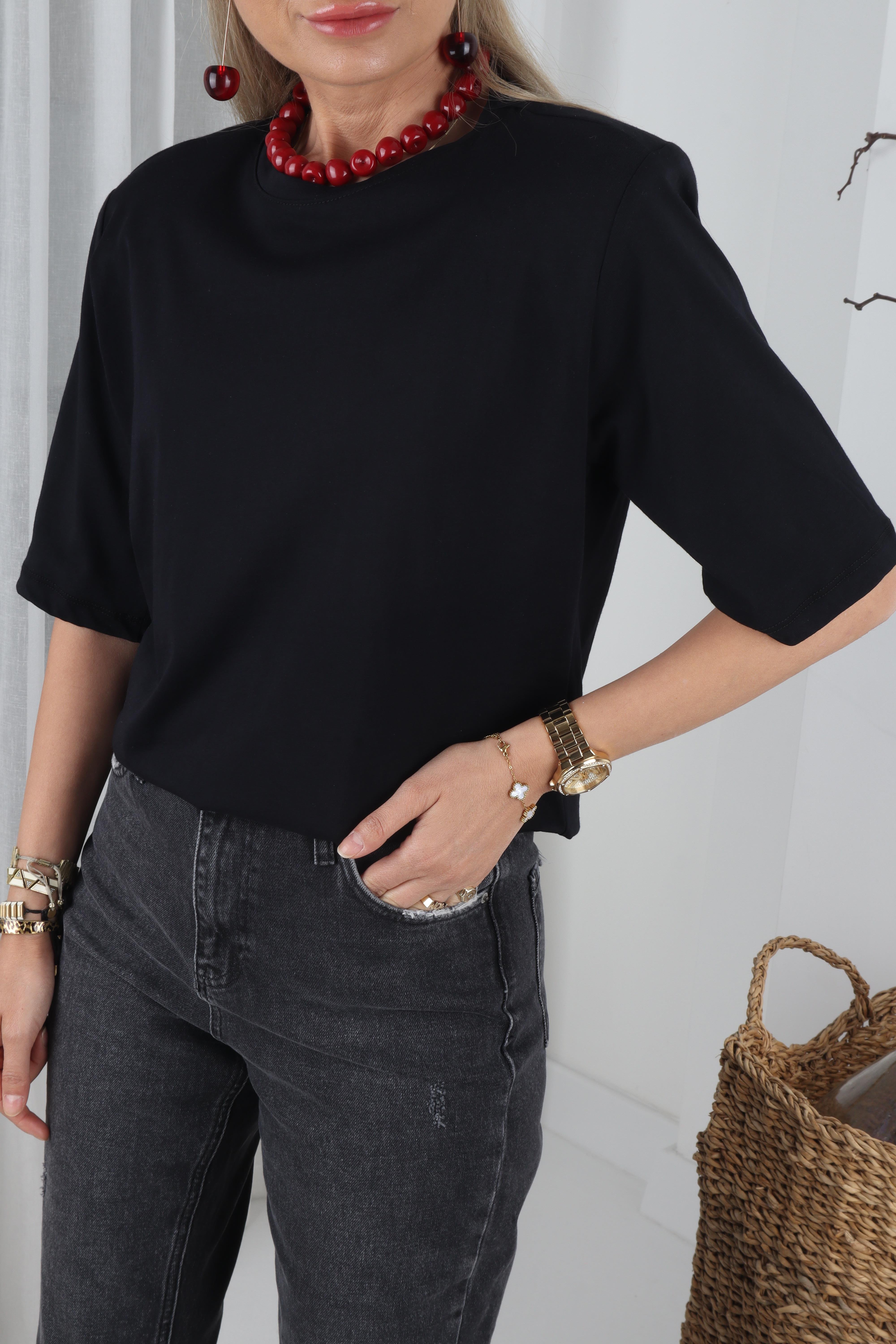 Sıfır Yaka Vatkalı Siyah Basic Tshirt T-SHİRT