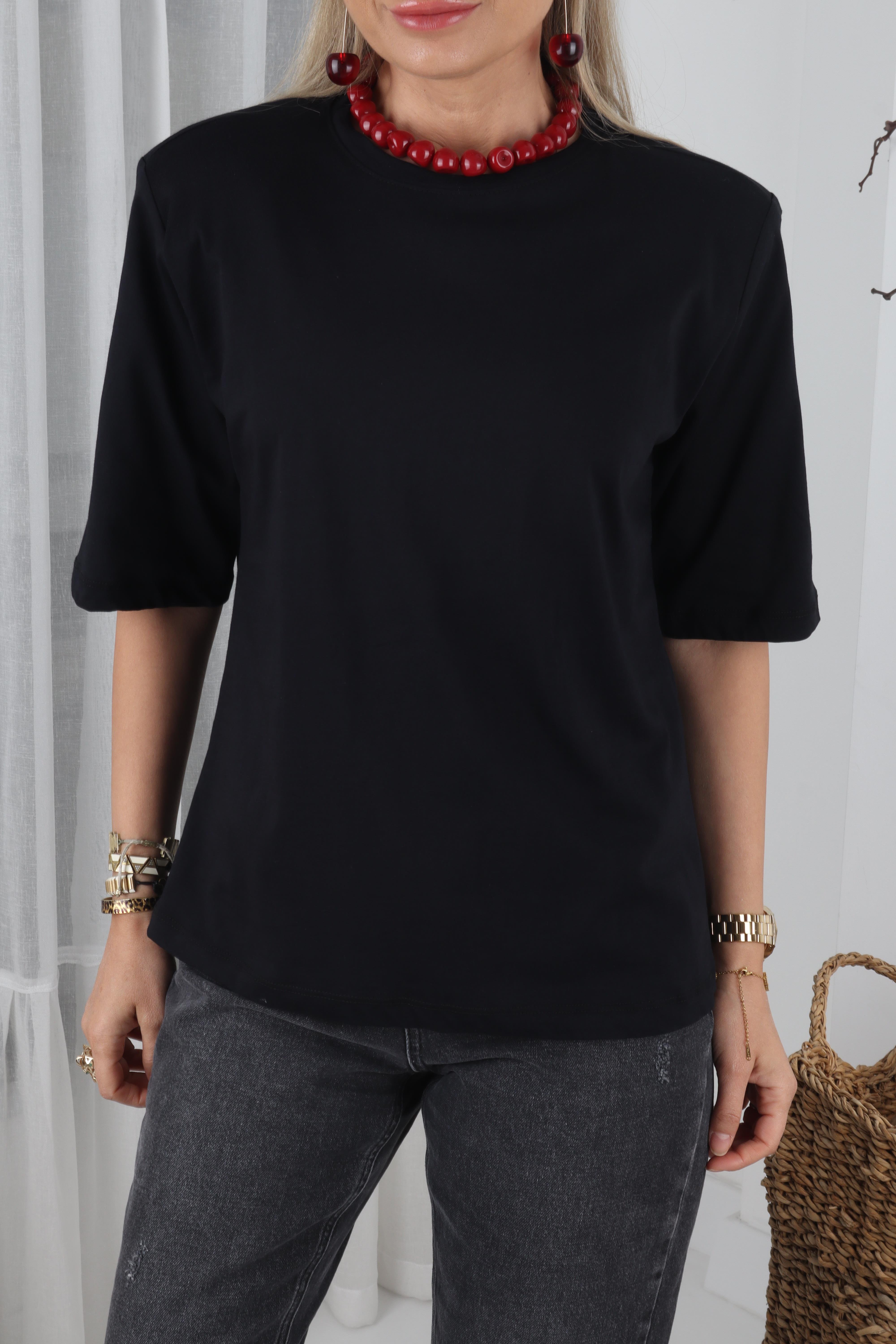 Sıfır Yaka Vatkalı Siyah Basic Tshirt T-SHİRT