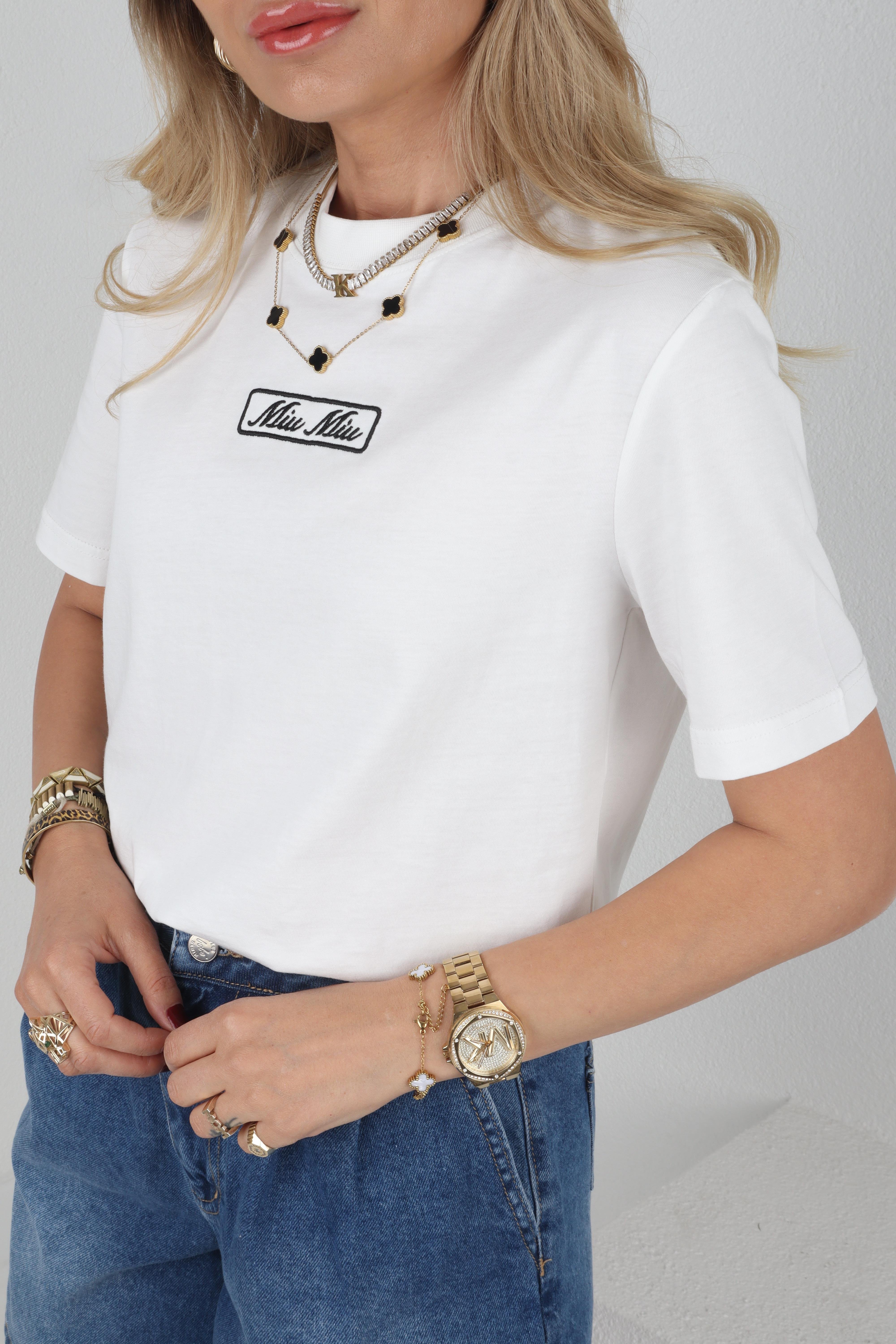 Sıfır Yaka Yazı Nakışlı Beyaz Tshirt T-SHİRT