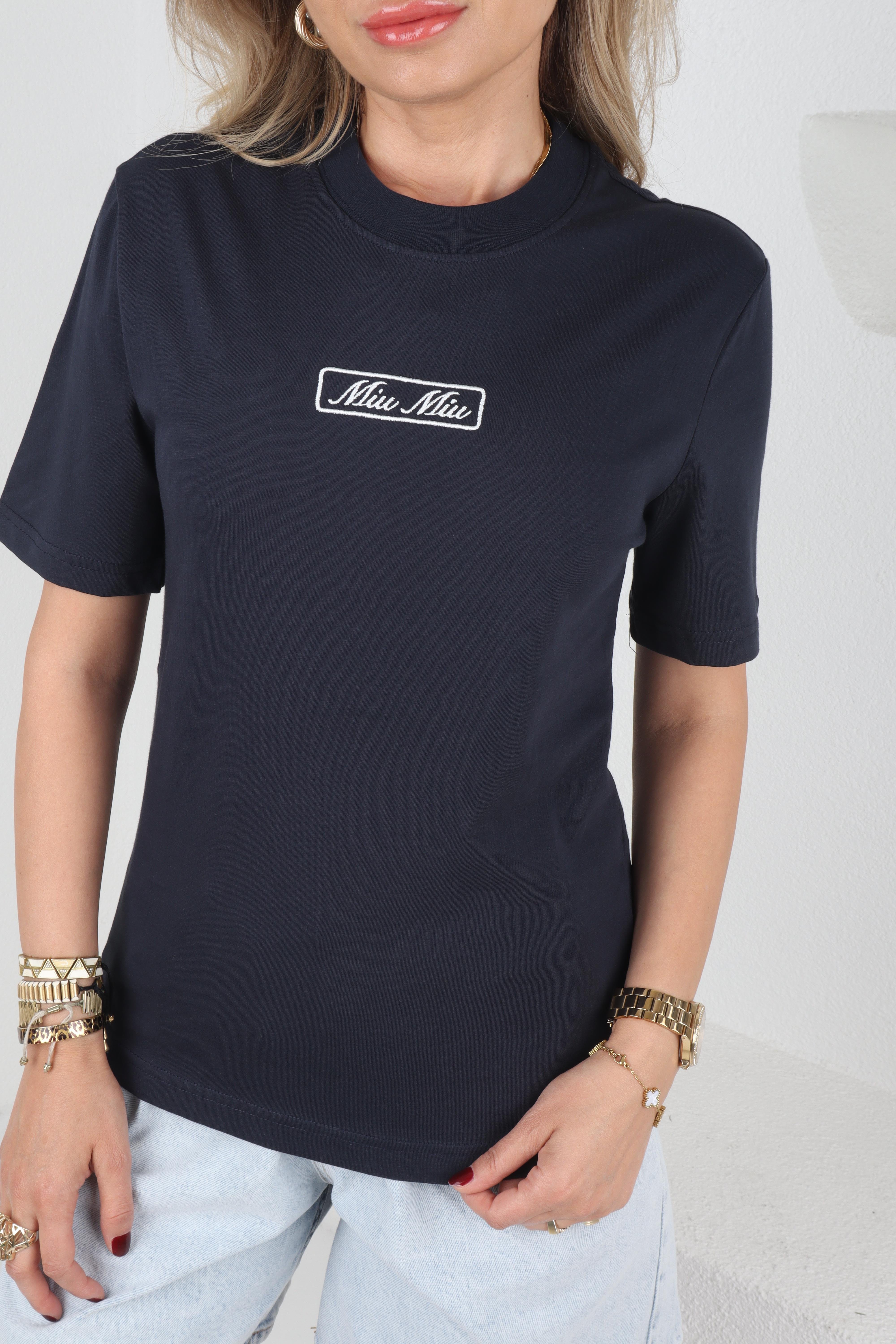 Sıfır Yaka Yazı Nakışlı Lacivert Tshirt T-SHİRT