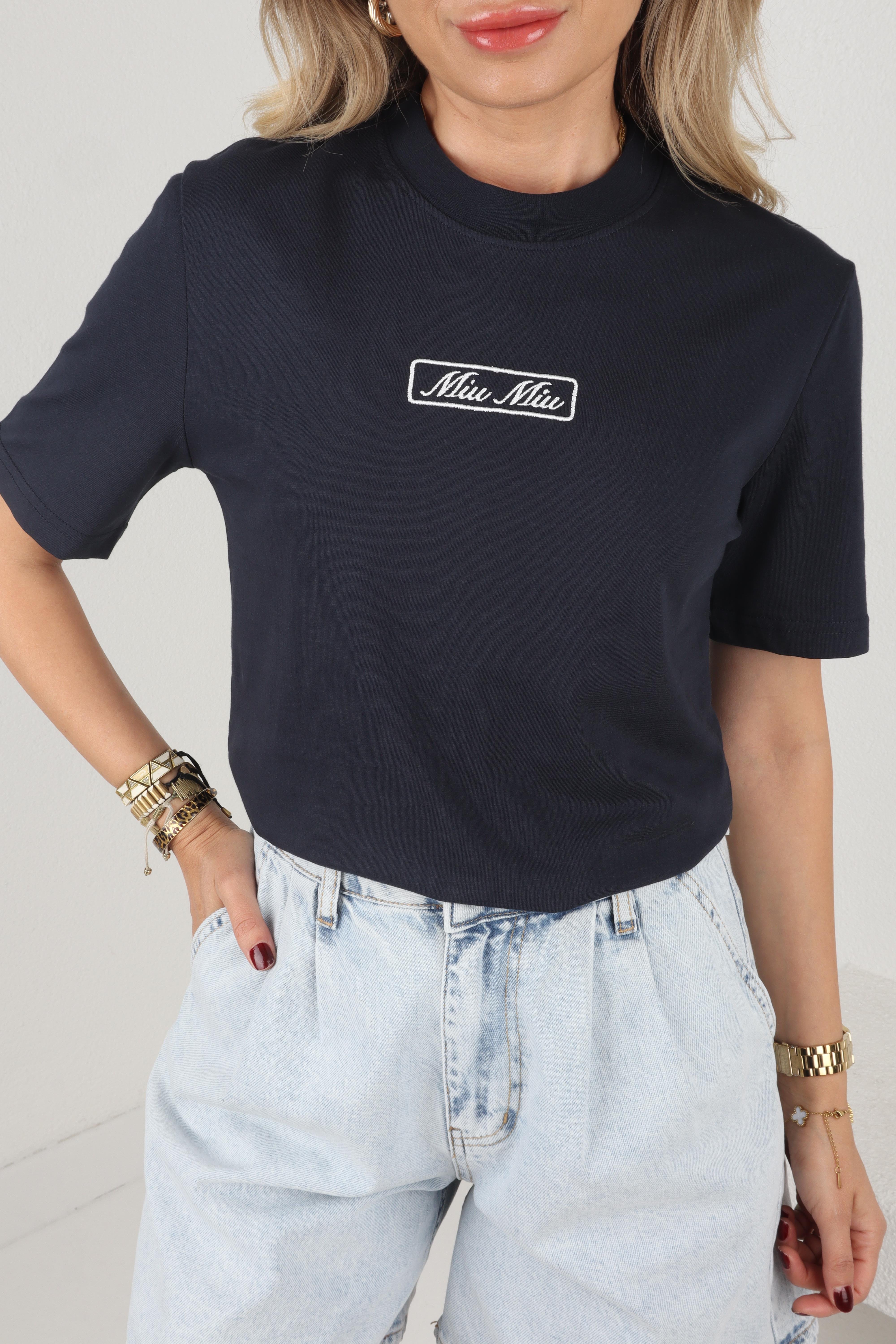 Sıfır Yaka Yazı Nakışlı Lacivert Tshirt T-SHİRT