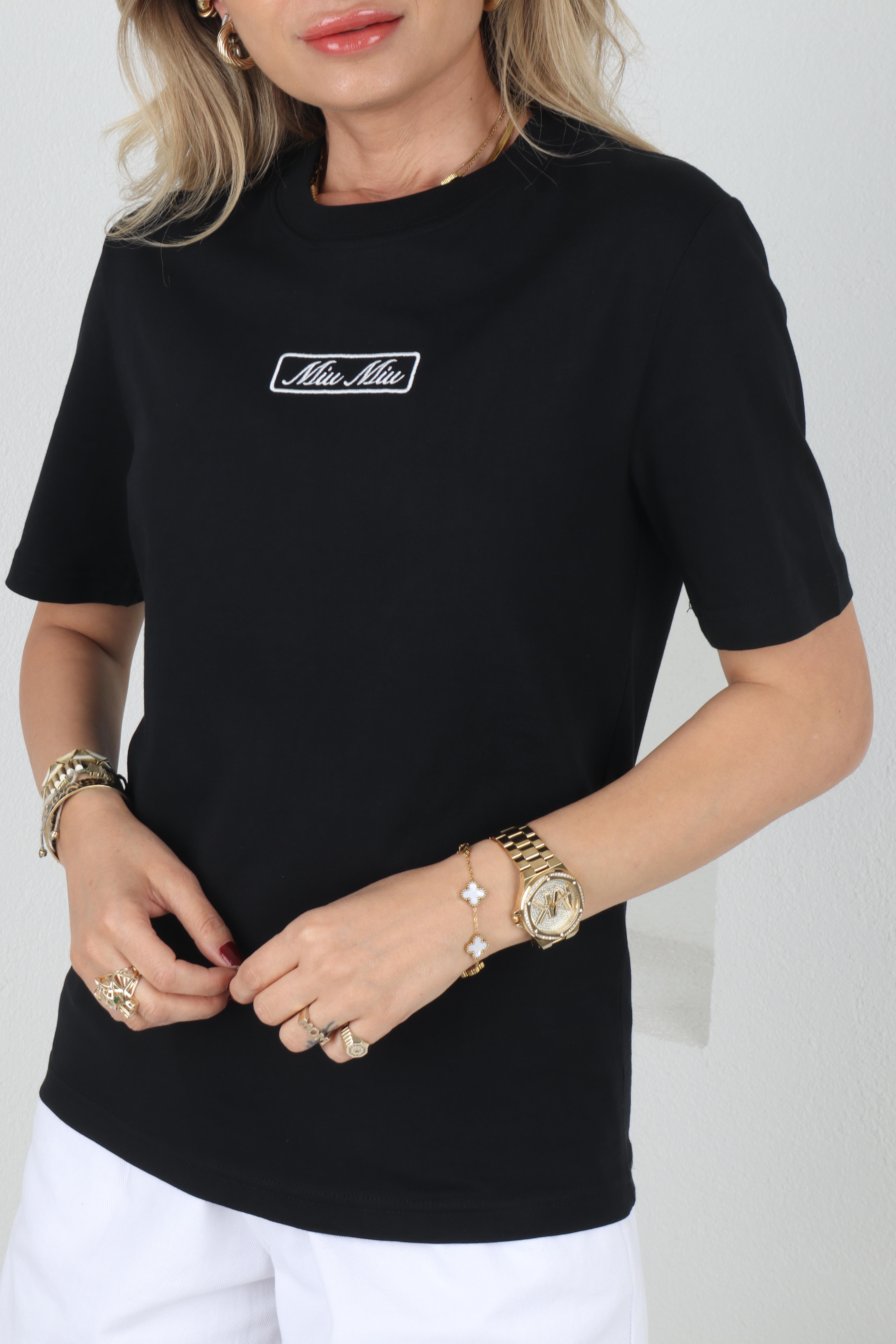 Sıfır Yaka Yazı Nakışlı Siyah Tshirt T-SHİRT