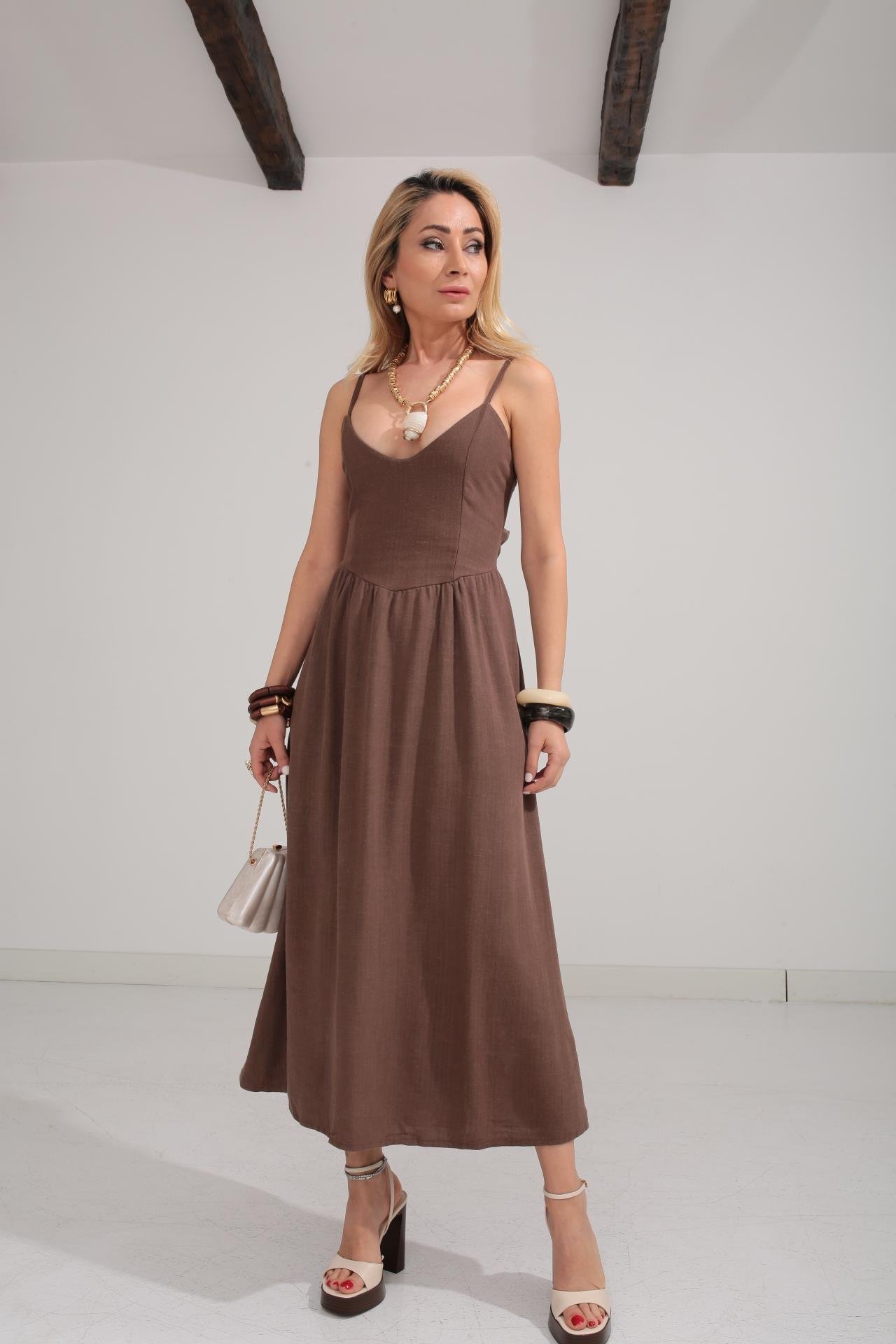 Sırtı Bağlamalı Kahve Astarlı Elbise ELBİSE | NO33