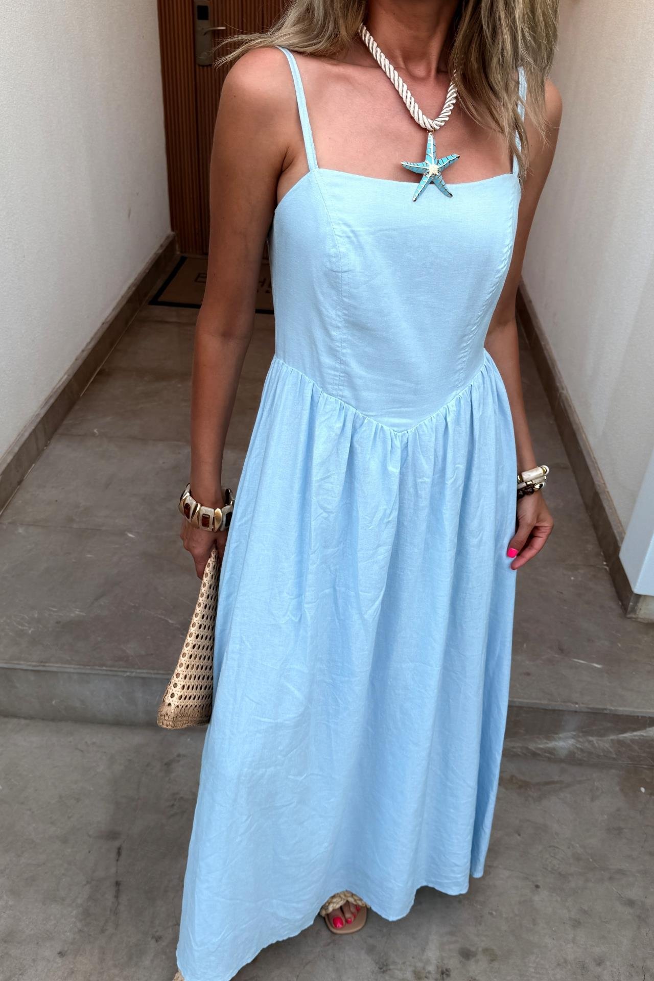 Sırtı Lastikli Mavi Keten Elbise ELBİSE | NO33