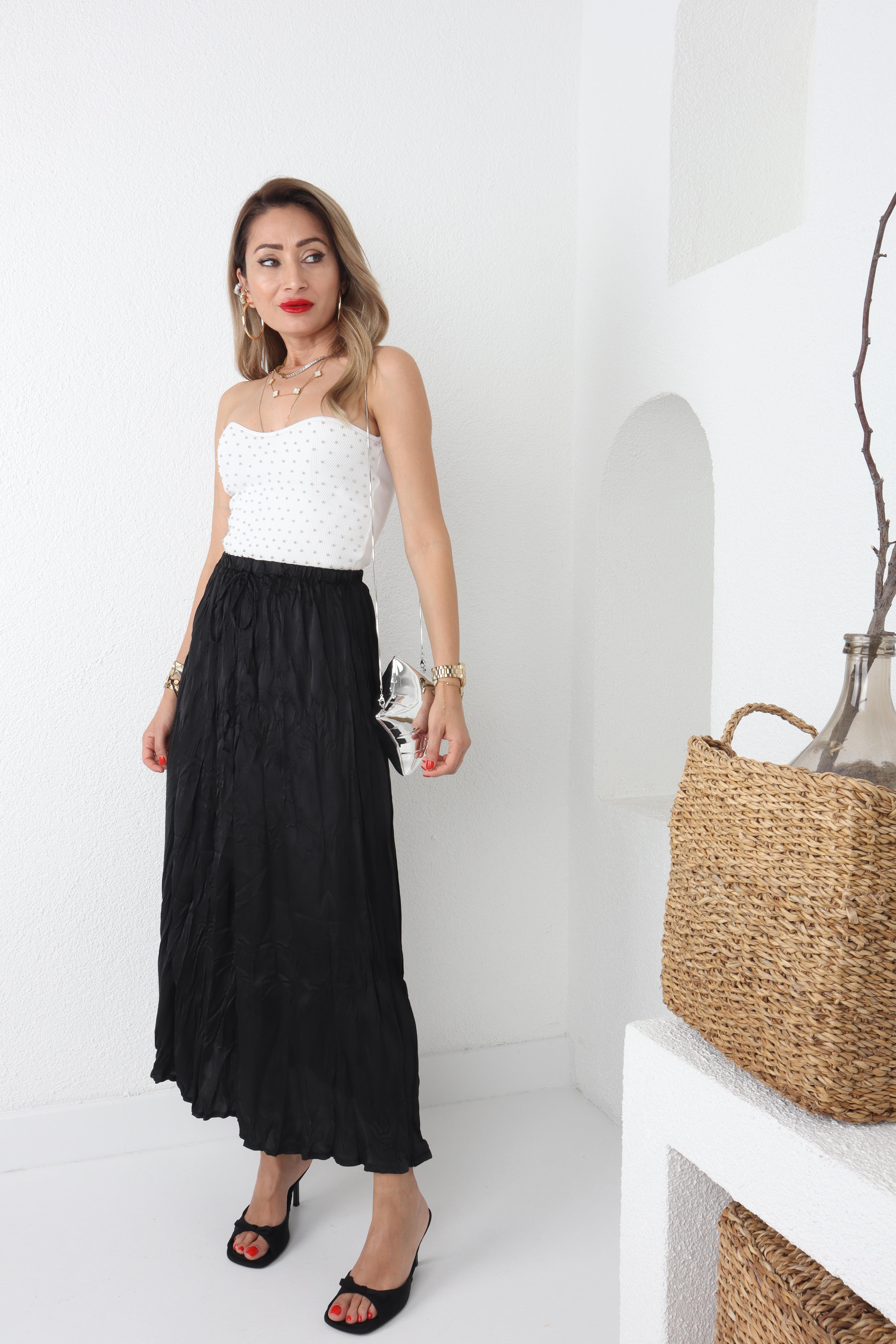 Siyah Beli Lastikli Geniş Saten Etek ETEK