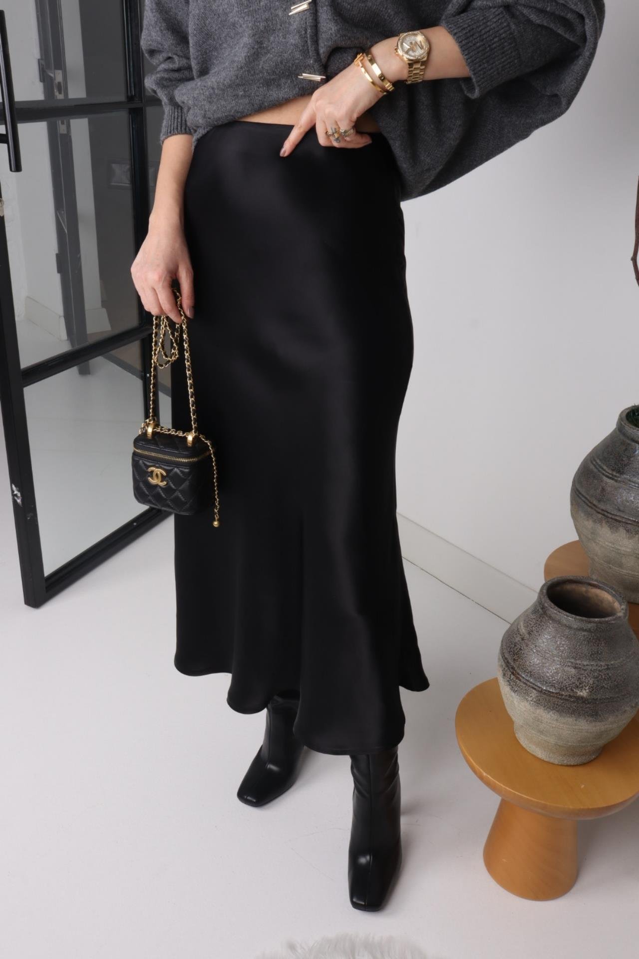 Siyah Beli Lastikli Saten Etek ETEK