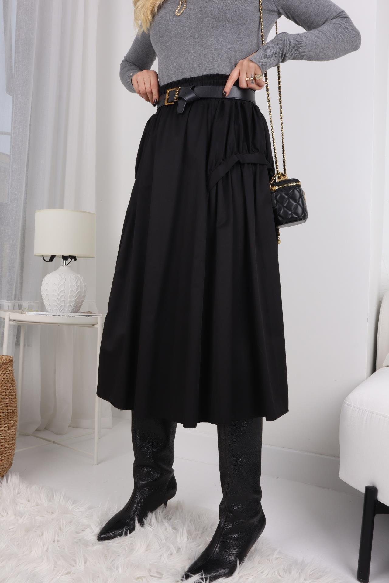 Siyah Beli Lastikli Tasarım Paraşüt Etek ETEK