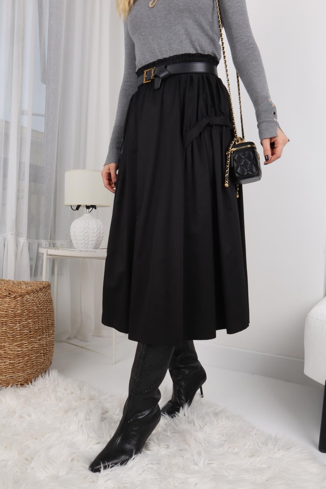 Siyah Beli Lastikli Tasarım Paraşüt Etek ETEK