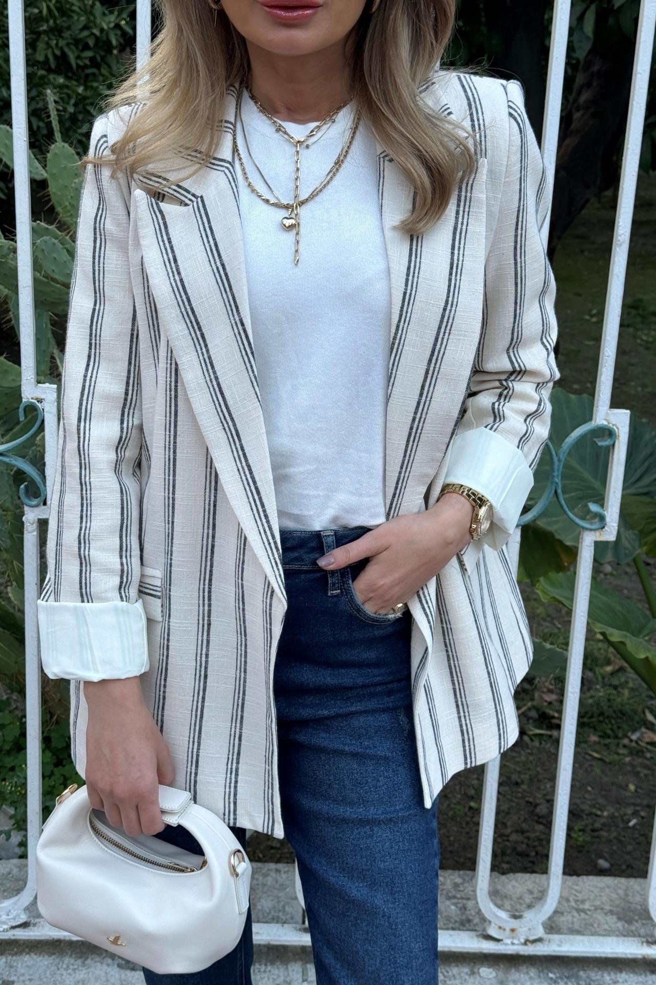 Siyah Çizgili Naturel Keten Ceket CEKET