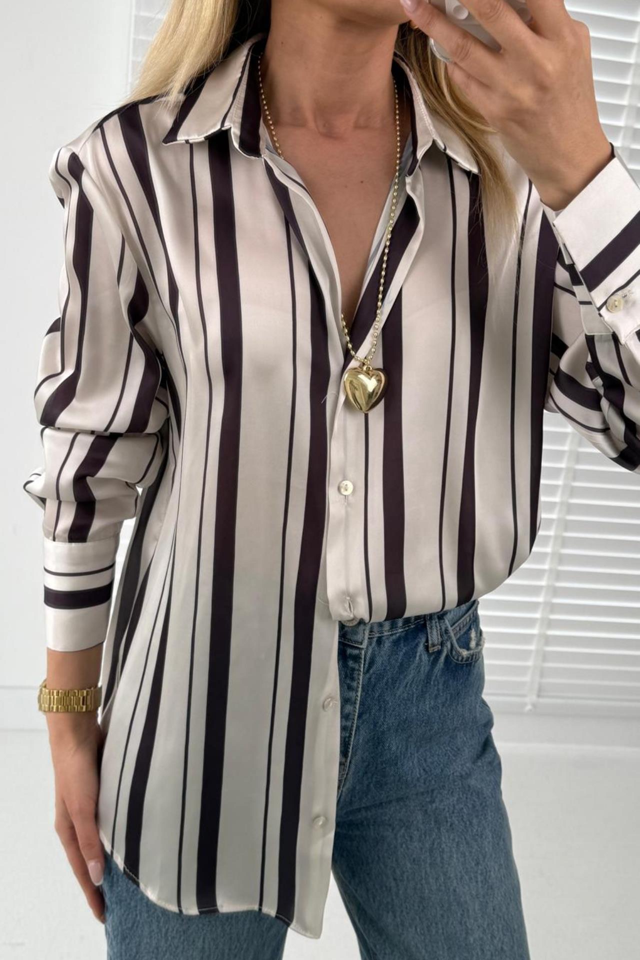 Siyah Çizgili Saten Gömlek GÖMLEK